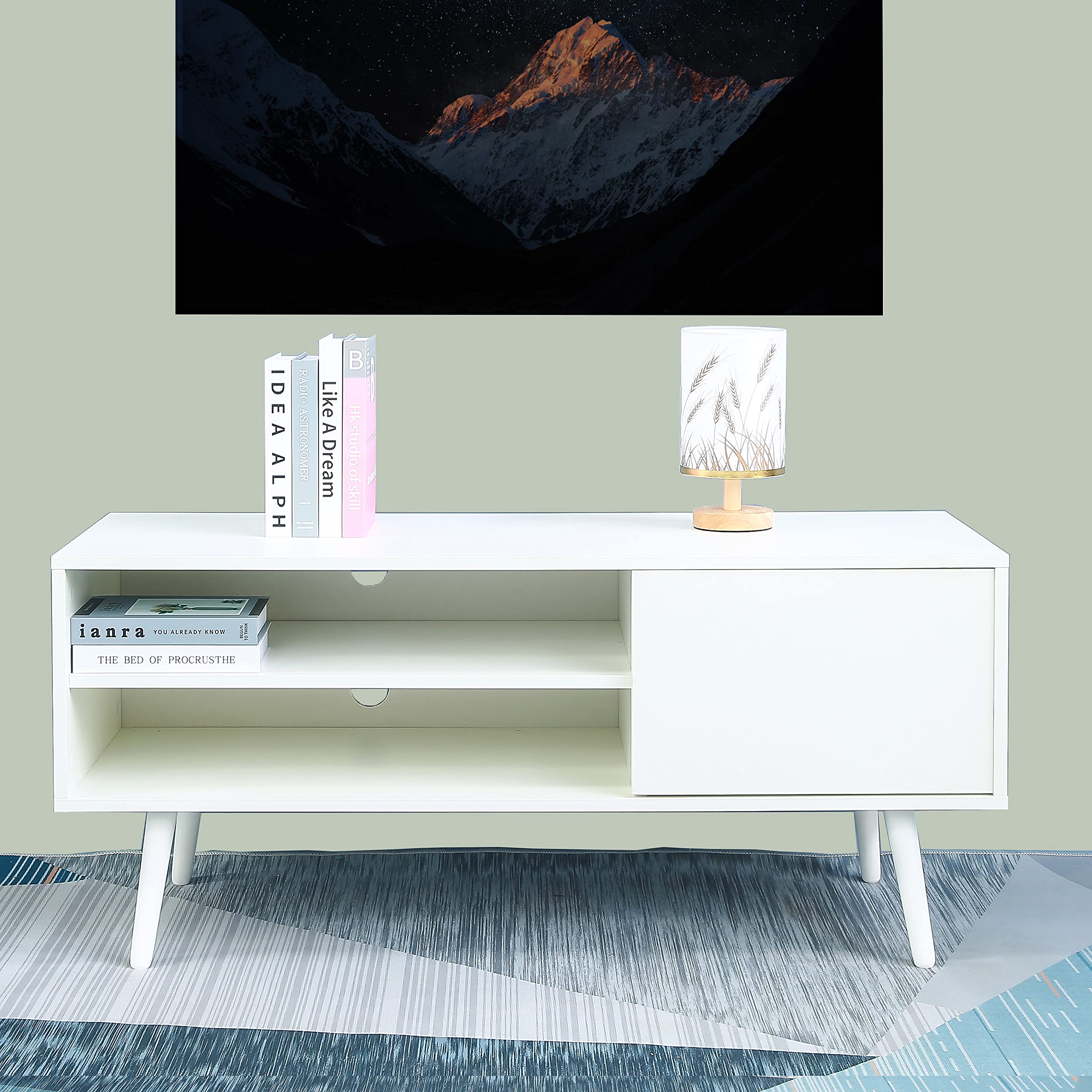 Modern White TV Stand Console for 50 Inch TV - Wooden Entertainment Center with Storage Shelves & Cabinet Door - Perfect for Living Room, Media Room & Home Theater Setup