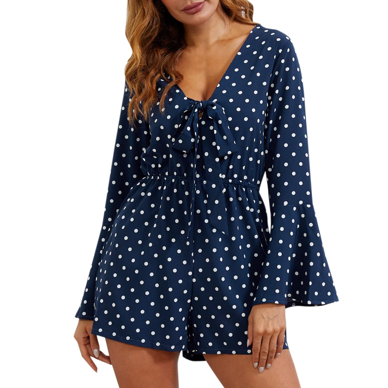 Women's Casual Polka Dot V-Neck Jumpsuit Shorts - Summer Party Outfit for Beach, Club & Date Night