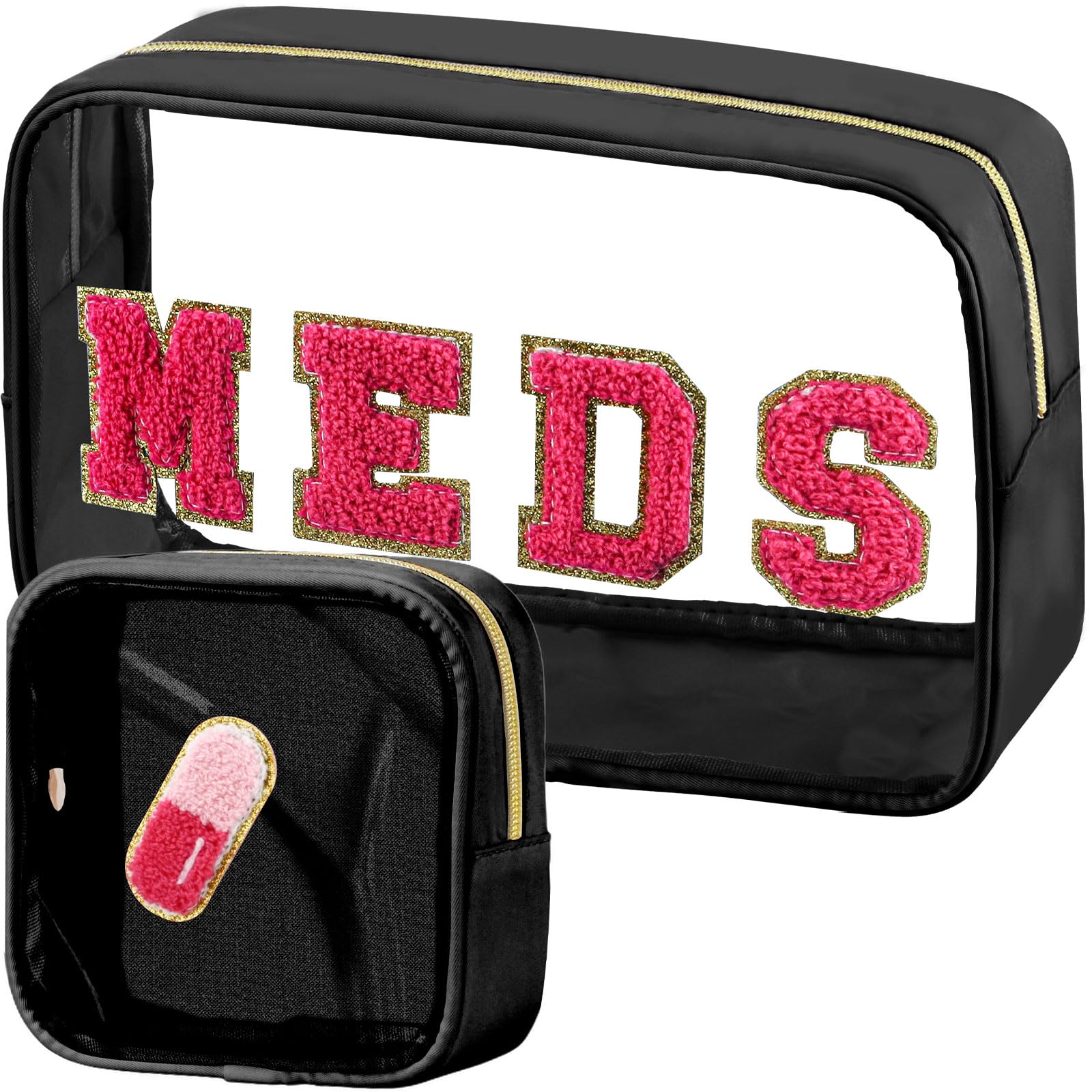 2 Pack Preppy Clear Makeup & Medicine Pouch - Nylon & PVC Transparent Cosmetic Bag with Chenille Letter Patch for Women & Girls (Black) | Perfect for Travel Toiletry Storage, Organizing Meds & Cosmetics