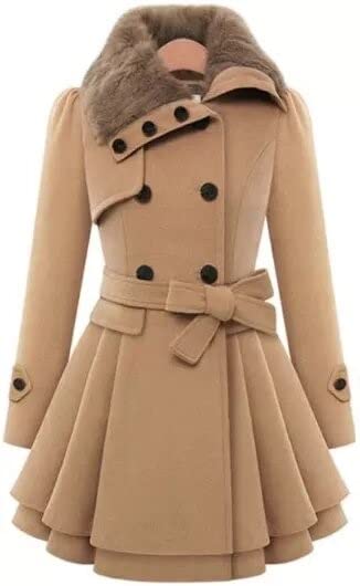 Women's Elegant Double Breasted Wool Blend Pea Coat with Fur Collar - Warm Winter Outerwear for Office, Dating & Formal Occasions