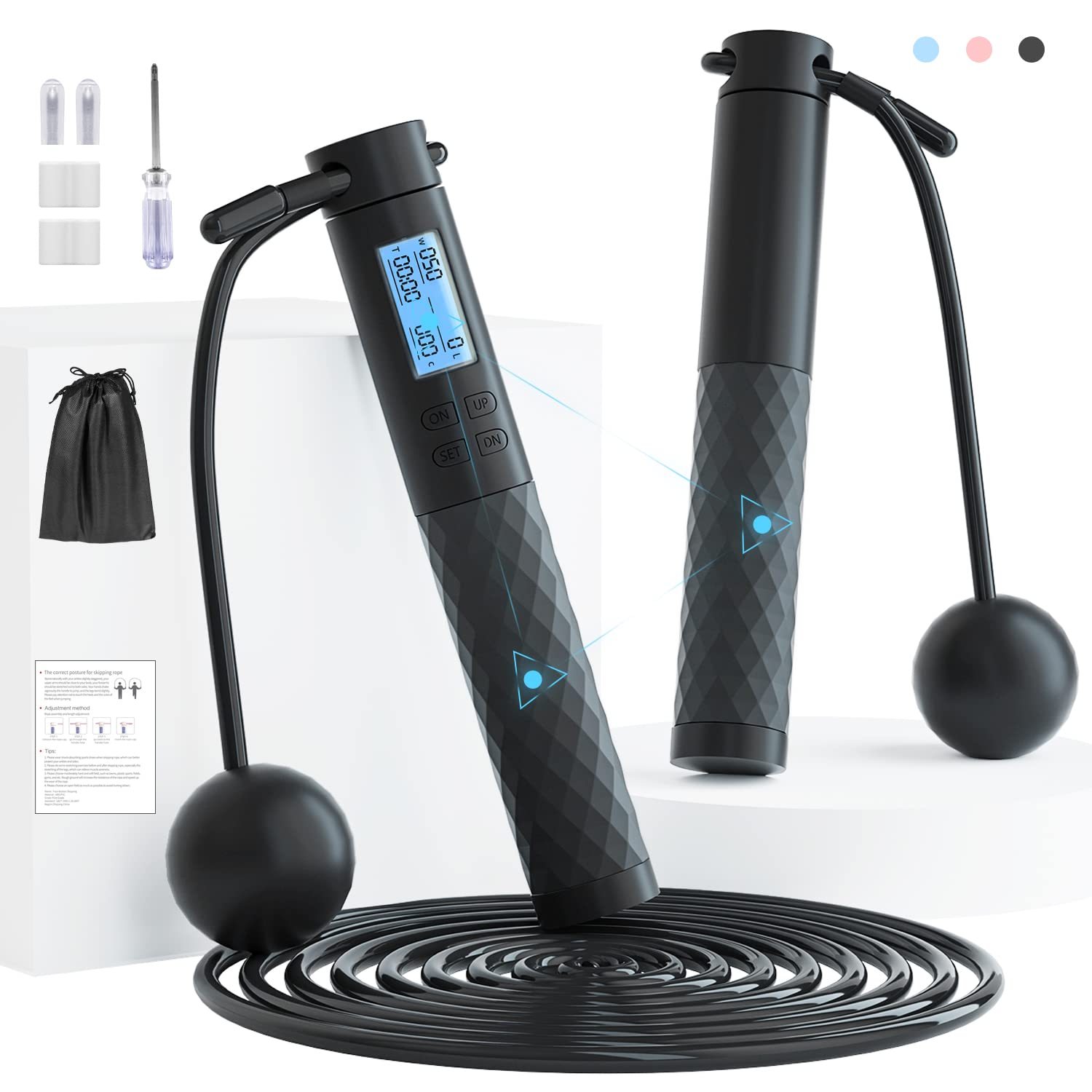 Premium Adjustable Fitness Jump Rope with Calorie Counter - 9.2ft Anti-Tangle PVC Wire & Silicone Handles for Women, Men & Kids - Perfect for CrossFit, Indoor/Outdoor Workouts & Weight Loss Training