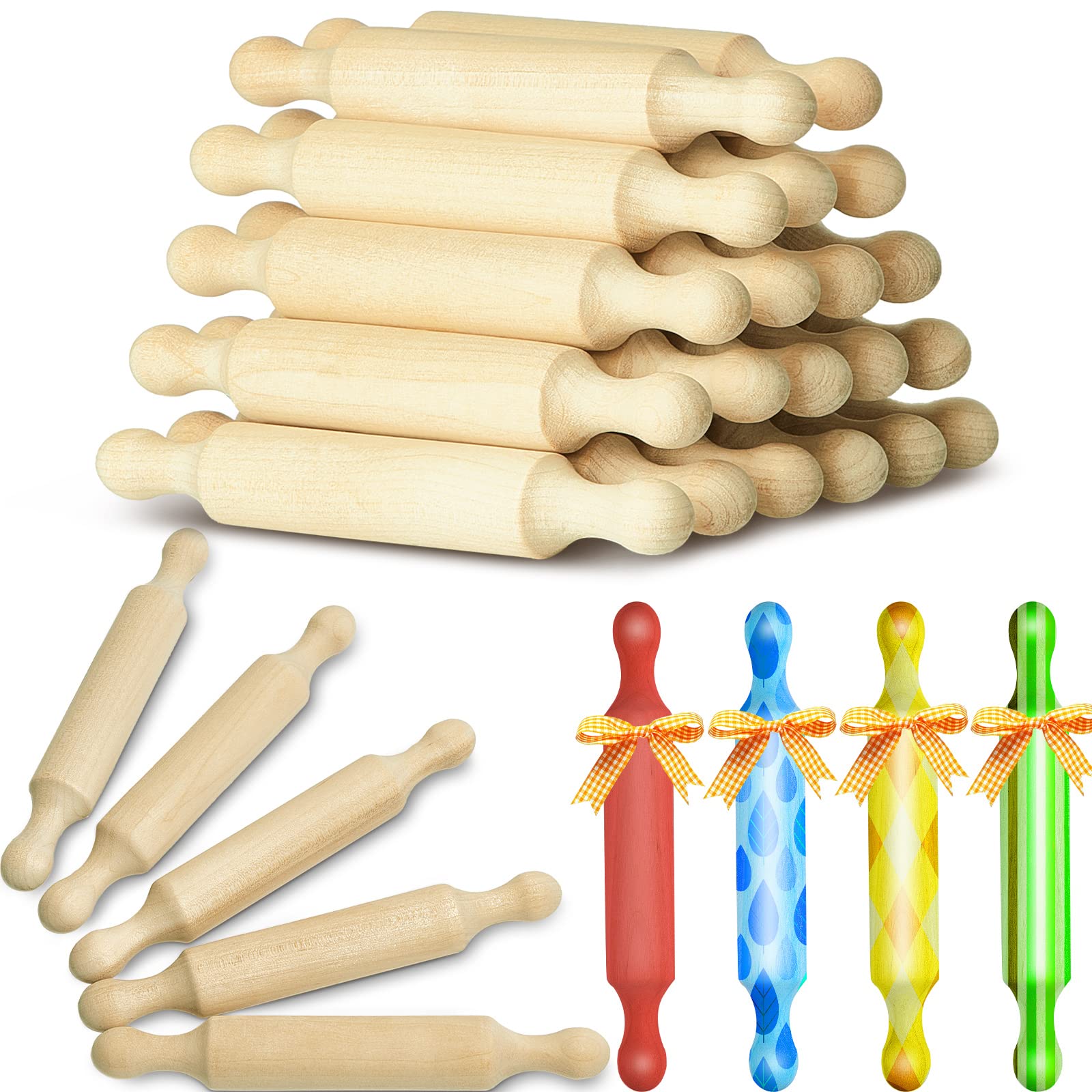 Suclain 20-Piece 7-Inch Wooden Mini Rolling Pin Set for Kids - Perfect for Baking, Fondant, Pastry, Pizza Dough, Crafts & Imaginative Play - Great Gift for Halloween & Christmas (Kitchen, Classroom, Playroom)