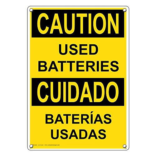 OSHA Approved Weatherproof Plastic Vertical Caution Sign - Used Batteries / Baterías Usadas (English & Spanish Text) - Ideal for Warehouses, Recycling Centers & Hazardous Waste Storage Areas
