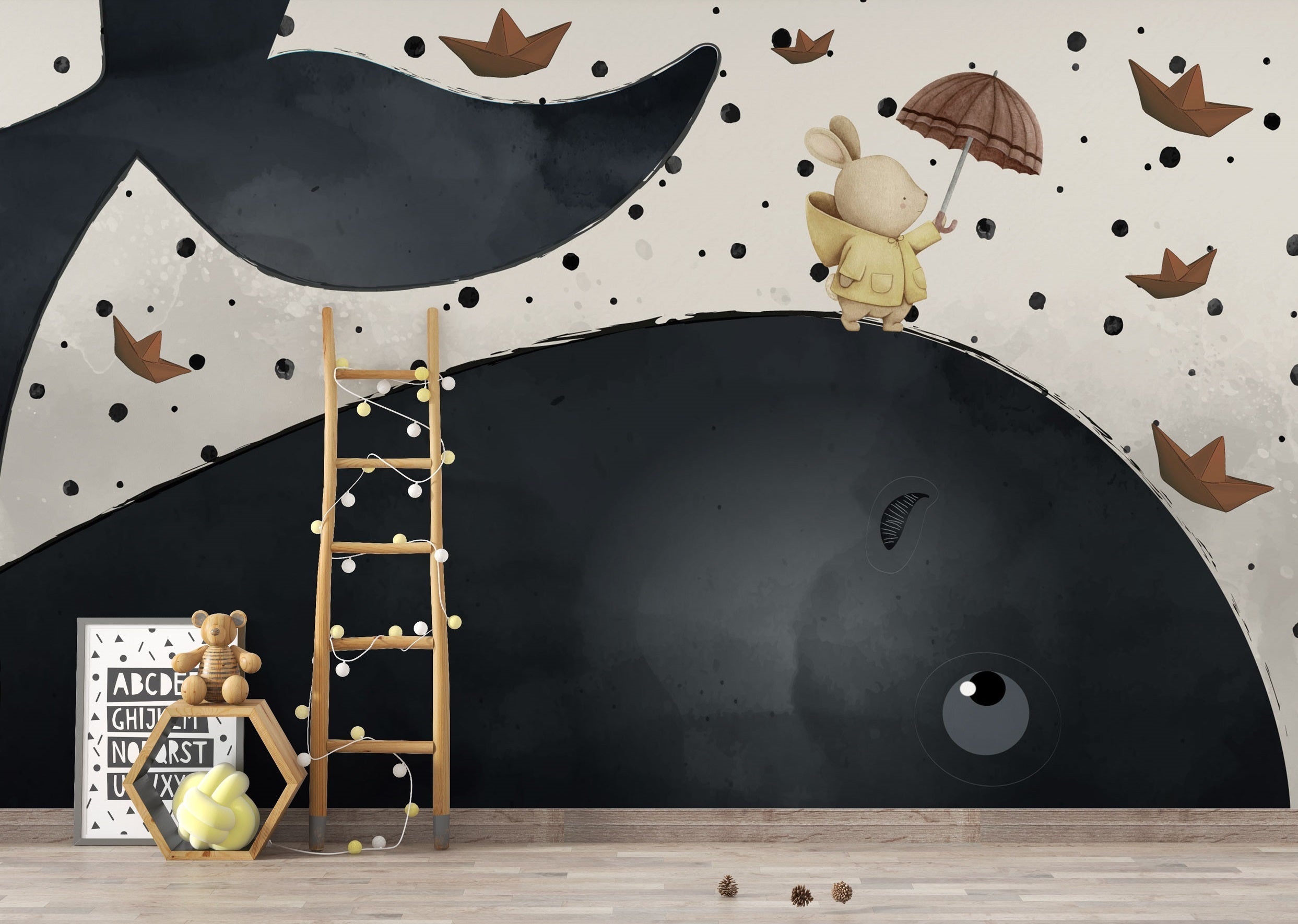 Bunny on Sea Whale Wallpaper Mural for Kids Room - Cute Ocean Animal Nursery Decor, Playroom Wall Art, Bedroom Wall Covering
