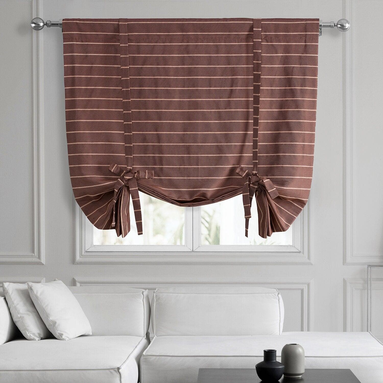 Red Striped Handwoven Cotton Blackout Window Shade - Room Darkening Tie-Up Curtain for Bedroom, Nursery & Home Decor