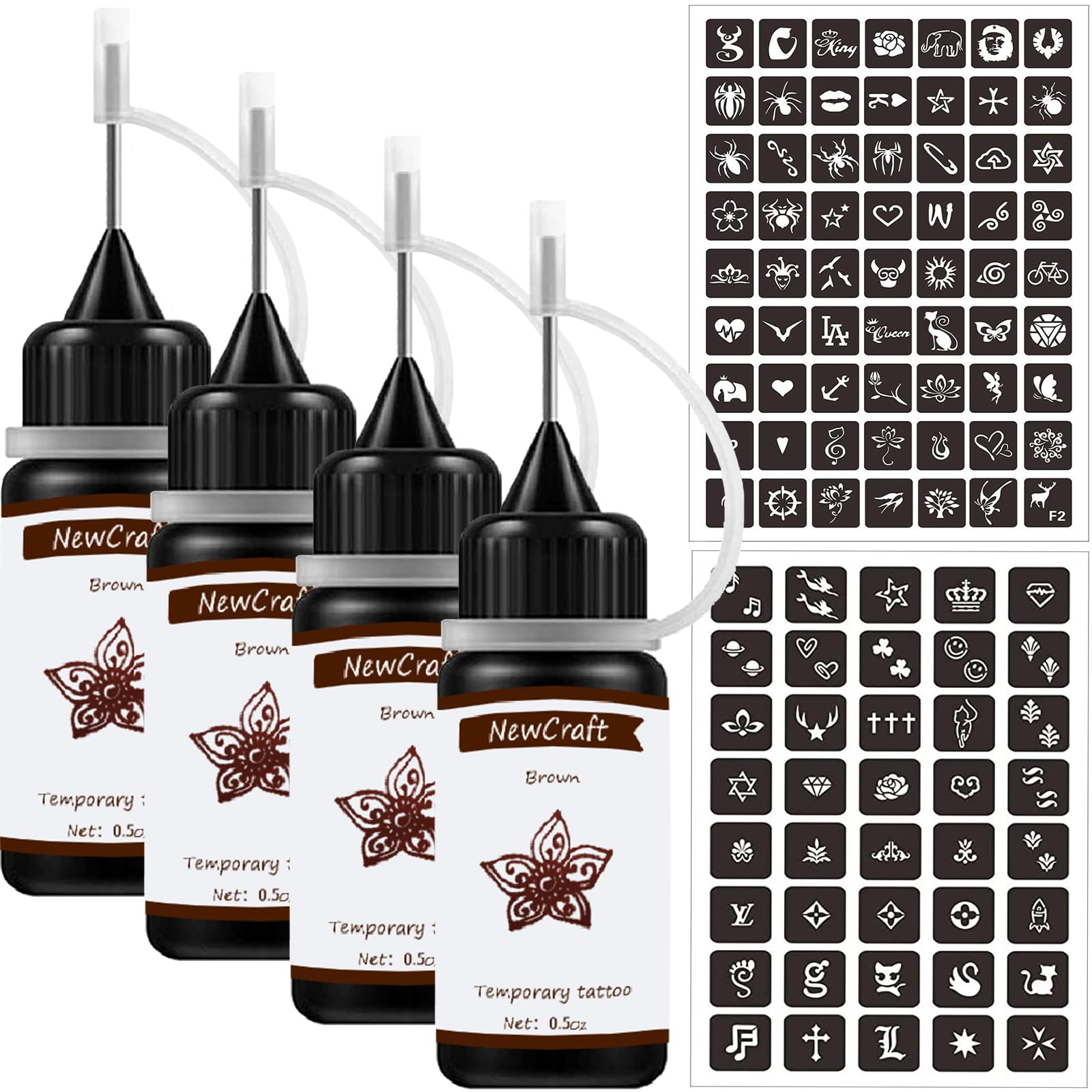 4 Packs Temporary Tattoo Kit - Brown Ink & Stencils for Adults, Teens, Kids | Skin Friendly, Safe & Easy to Use | Perfect for Parties, Halloween, Cosplay & Body Art
