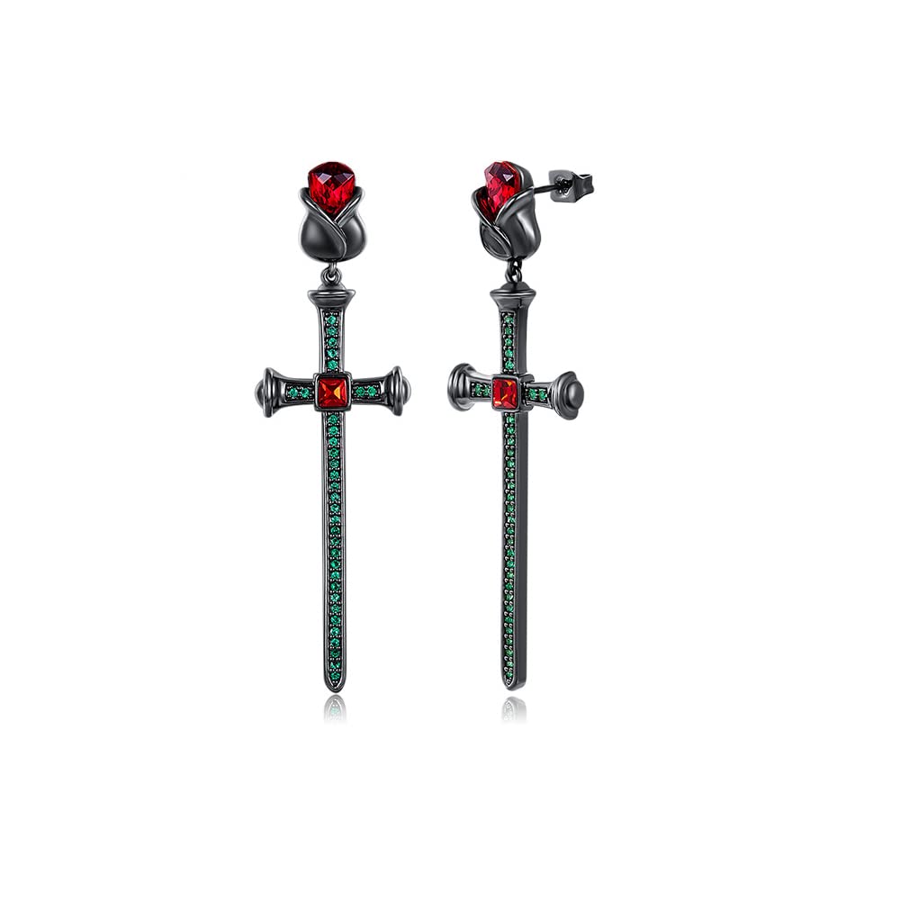 Black Rose Flower Earrings with Cross Dangle - Vintage Dark Rose Stud Earrings for Women, Red & Green Crystal Jewelry Gift | Perfect for Gothic Fashion, Evening Parties & Unique Gift Giving
