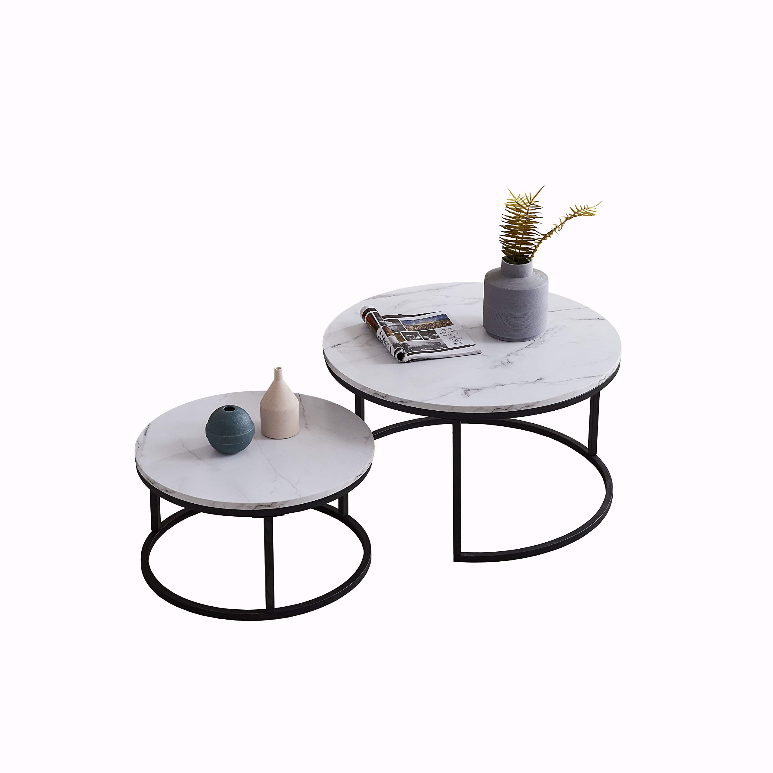 Modern Industrial Nesting Coffee Table Set of 2 - Black Metal Frame with Marble Top - Accent End Tables for Living Room, Lounge & Small Spaces