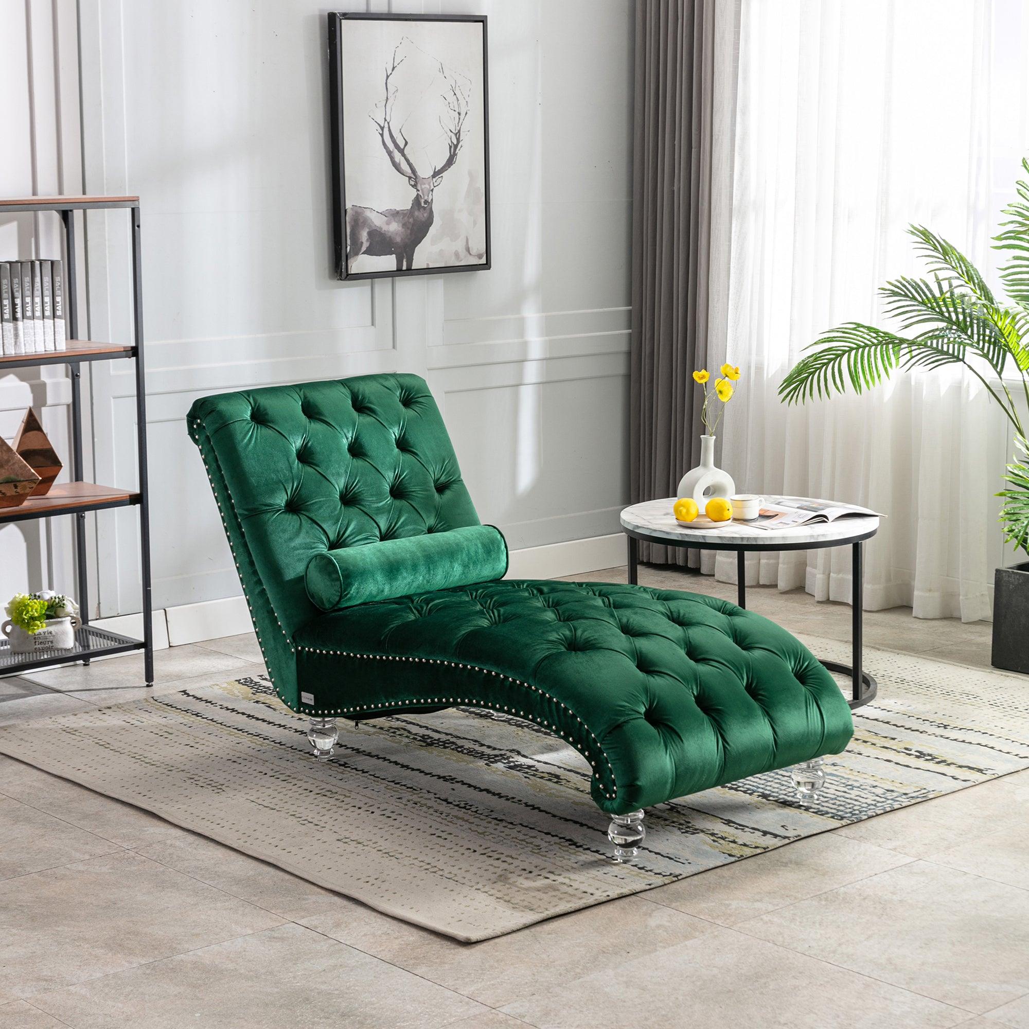 Luxury Velvet Chaise Lounge Chair - Button Tufted Upholstered Sofa with Pillow for Bedroom, Living Room & Office | Emerald Green Velvet Fabric | Perfect for Reading Nook, Lounge Area & Home Decor