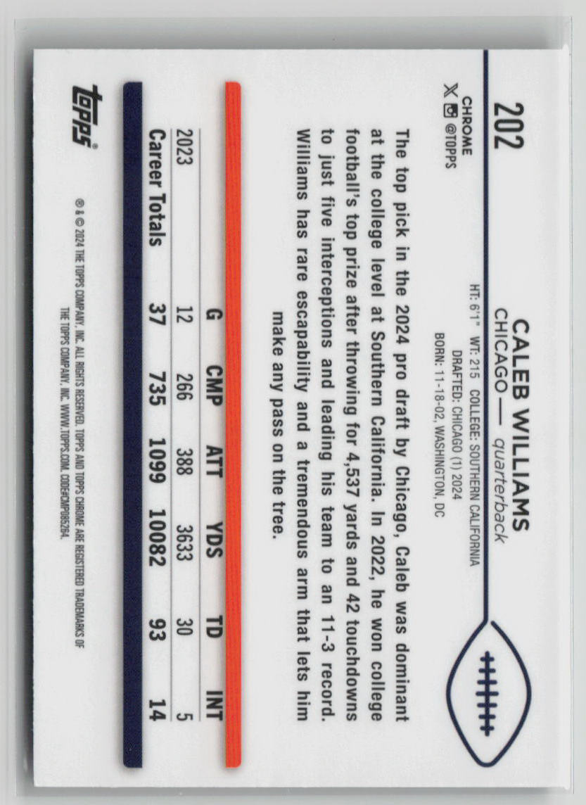 2024 Topps Chrome Caleb Williams Rookie Card #202 - Collectible Football Trading Card for Fans & Investors - Perfect for Sports Memorabilia Collections, Fantasy Football, and Gifts