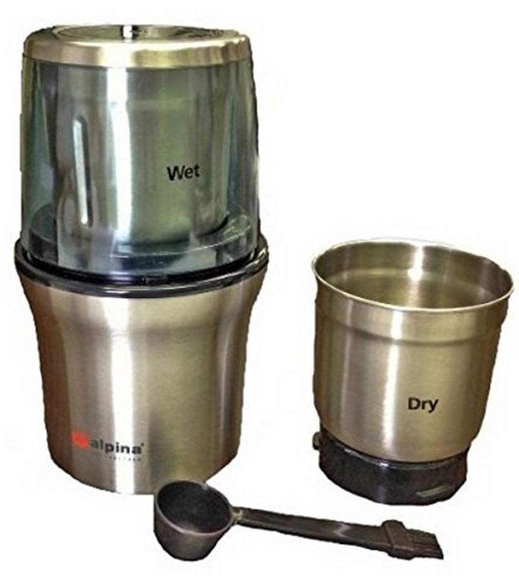 Alpina Wet & Dry Coffee and Spice Grinder - 220V Silver Compact Electric Grinder for Coffee Beans, Nuts & Spices - Perfect for Home, Kitchen & Travel (Not for USA)