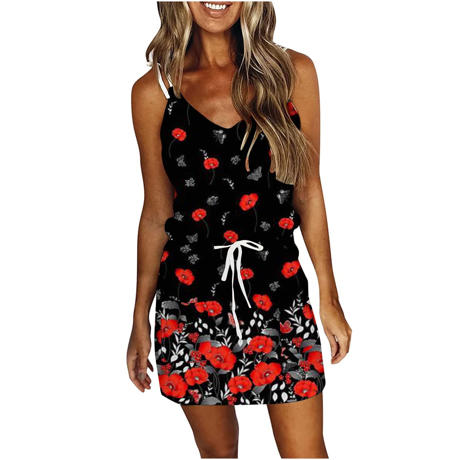 Floral Print Sundress for Women - V Neck Spaghetti Strap Beach Dress with Elastic Waist | Summer Vacation, Pool Party & Casual Outfit