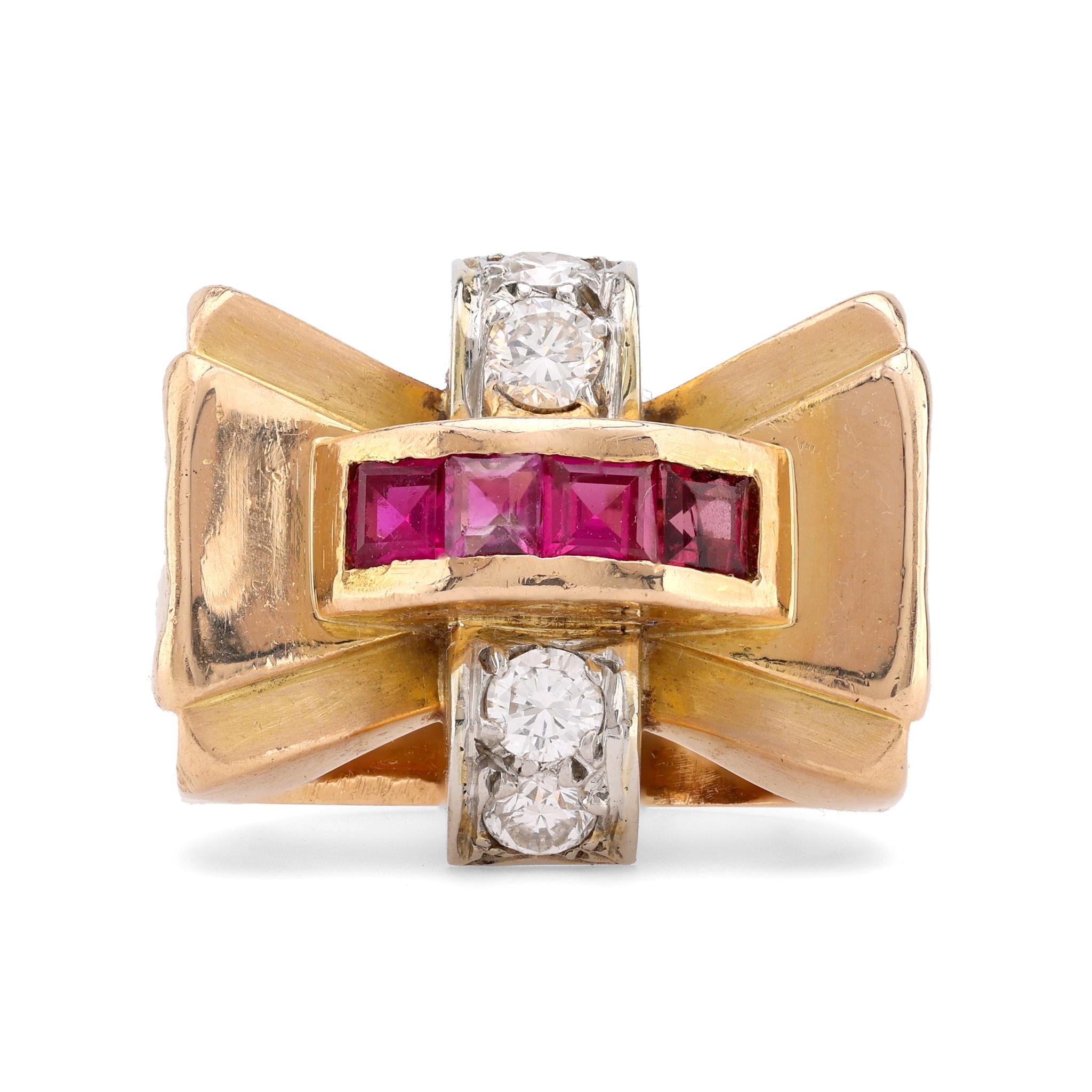 Vintage Ruby Diamond 18K Yellow Gold Tank Ring for Women - Elegant Jewelry Gift for Anniversary, Birthday & Special Occasions