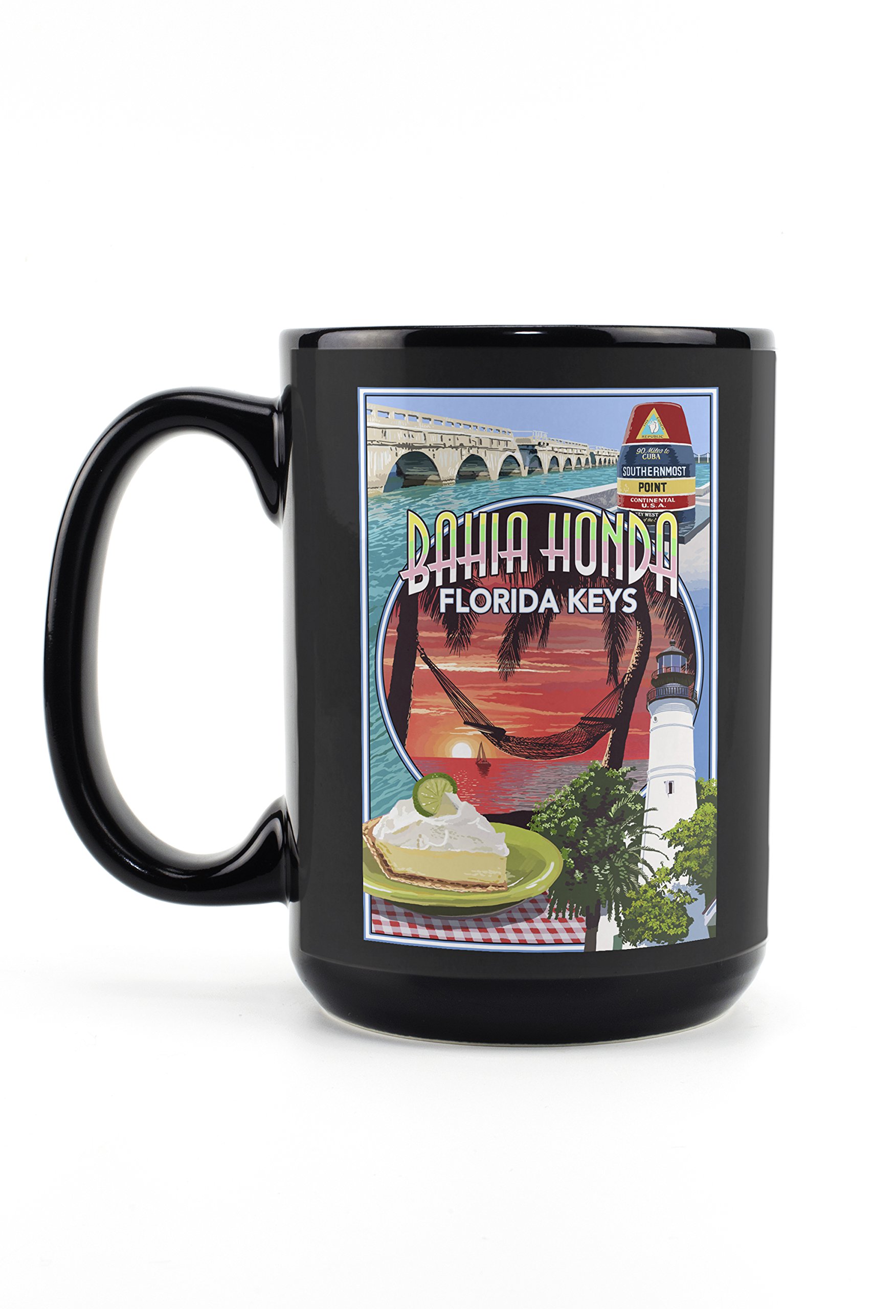 Lantern Press Bahia Honda Florida Keys Montage - 15oz Black Ceramic Coffee & Tea Mug - Dishwasher & Microwave Safe - Perfect for Home, Office & Camping Use