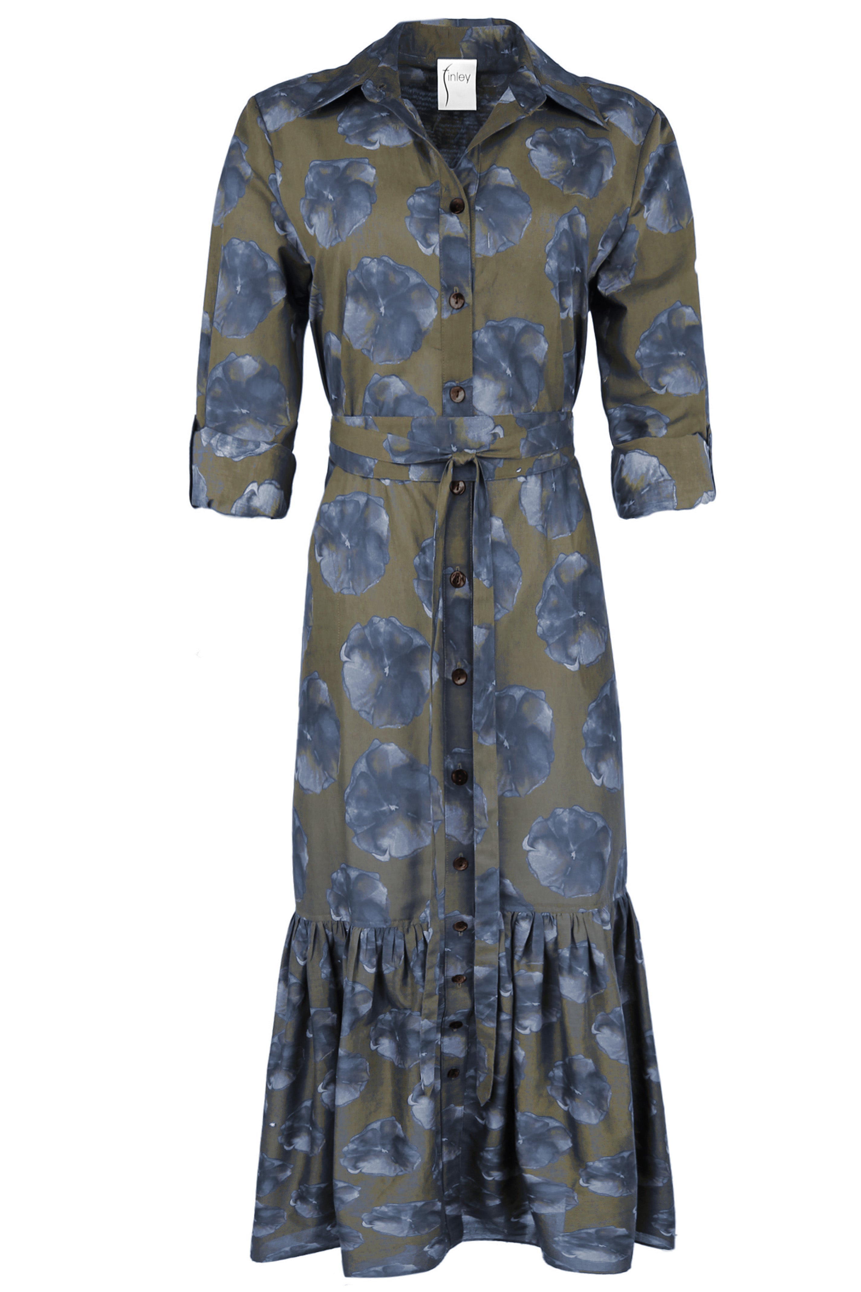 Trisha Maxi Tie Front Shirt Dress - Olive Watercolor Pansy Print Flowy Long Sleeve Women's Dress for Casual Wear, Office & Spring Outfits