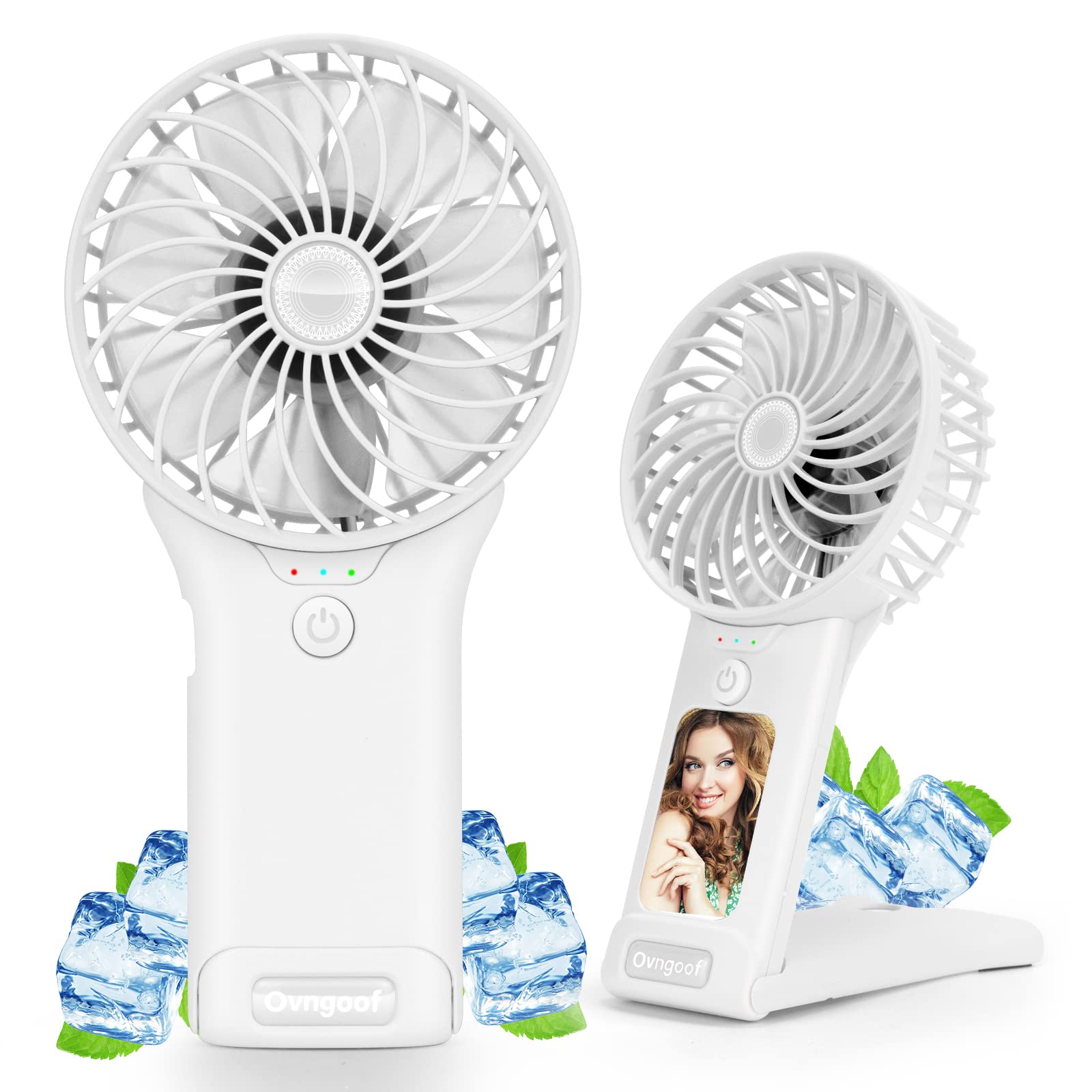 Mini Portable Fan with Mirror - 3-in-1 USB Rechargeable Desk Fan, 4 Speed Settings, 6-20 Hours Runtime, Ultra Quiet & Powerful Breeze - Perfect for Travel, Makeup, Camping, Office & Home Use (White)