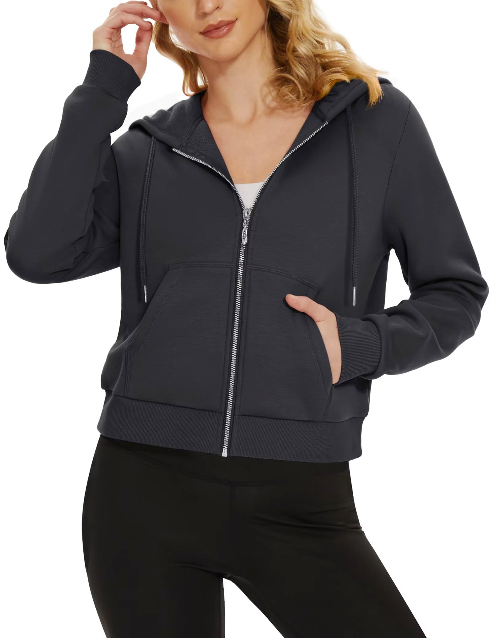 MAGCOMSEN Women's Fleece Lined Cropped Hoodie - Full Zip Up Jacket with Pockets | Soft & Warm Winter Sweatshirt for Casual Outfits, Gym, and Outdoor Activities