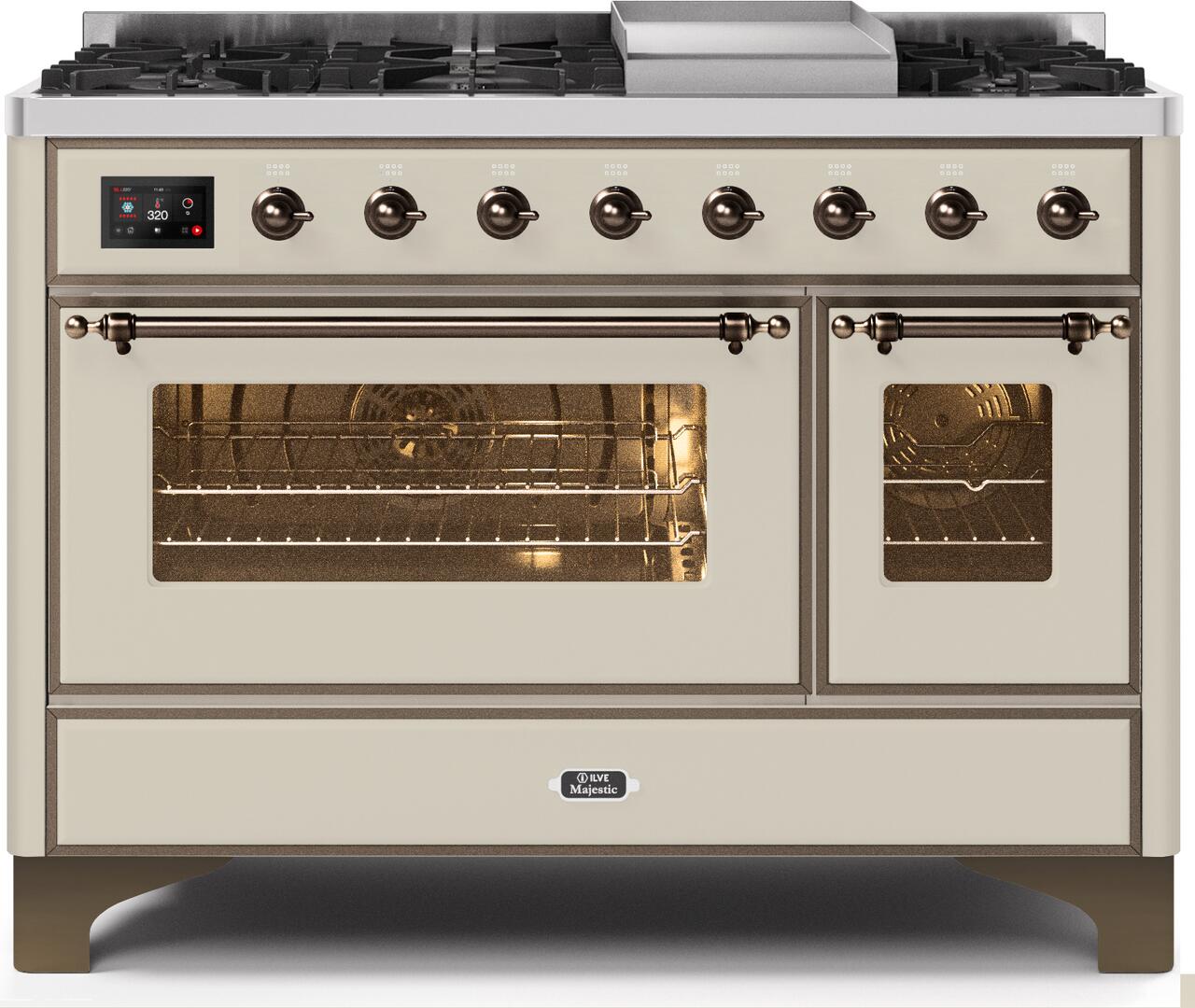 ILVE Majestic II 48-Inch Dual Fuel Range - Antique White with Bronze Trim (Model UM12FDNS3AWBLP) | Professional Gas & Electric Stove for Gourmet Cooking & Luxury Kitchen Design