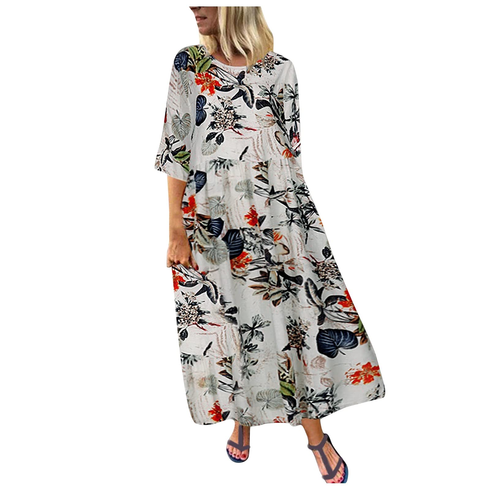 Bohemian Floral Print 3/4 Sleeve Loose Maxi Dress for Women - Casual & Bodycon Style for Holiday, Beach, and Summer Outfits