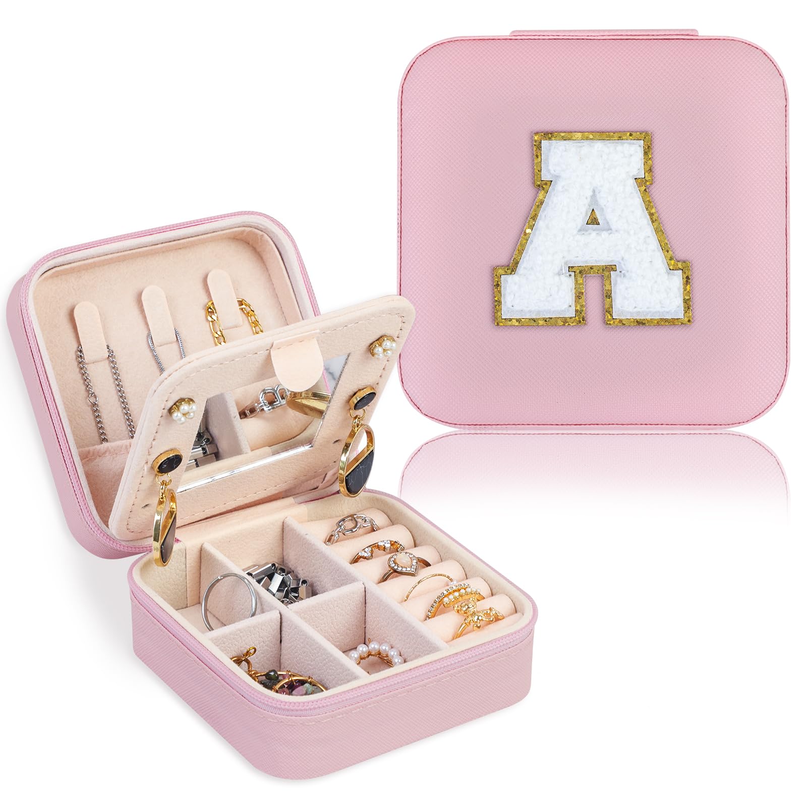 FUNARTY Pink Travel Jewelry Organizer Box with Mirror - Compact Jewelry Case for Necklaces & Earrings - Perfect Gift for Women - Initial A Monogram - Ideal for Vacation, Business Trips & Daily Storage