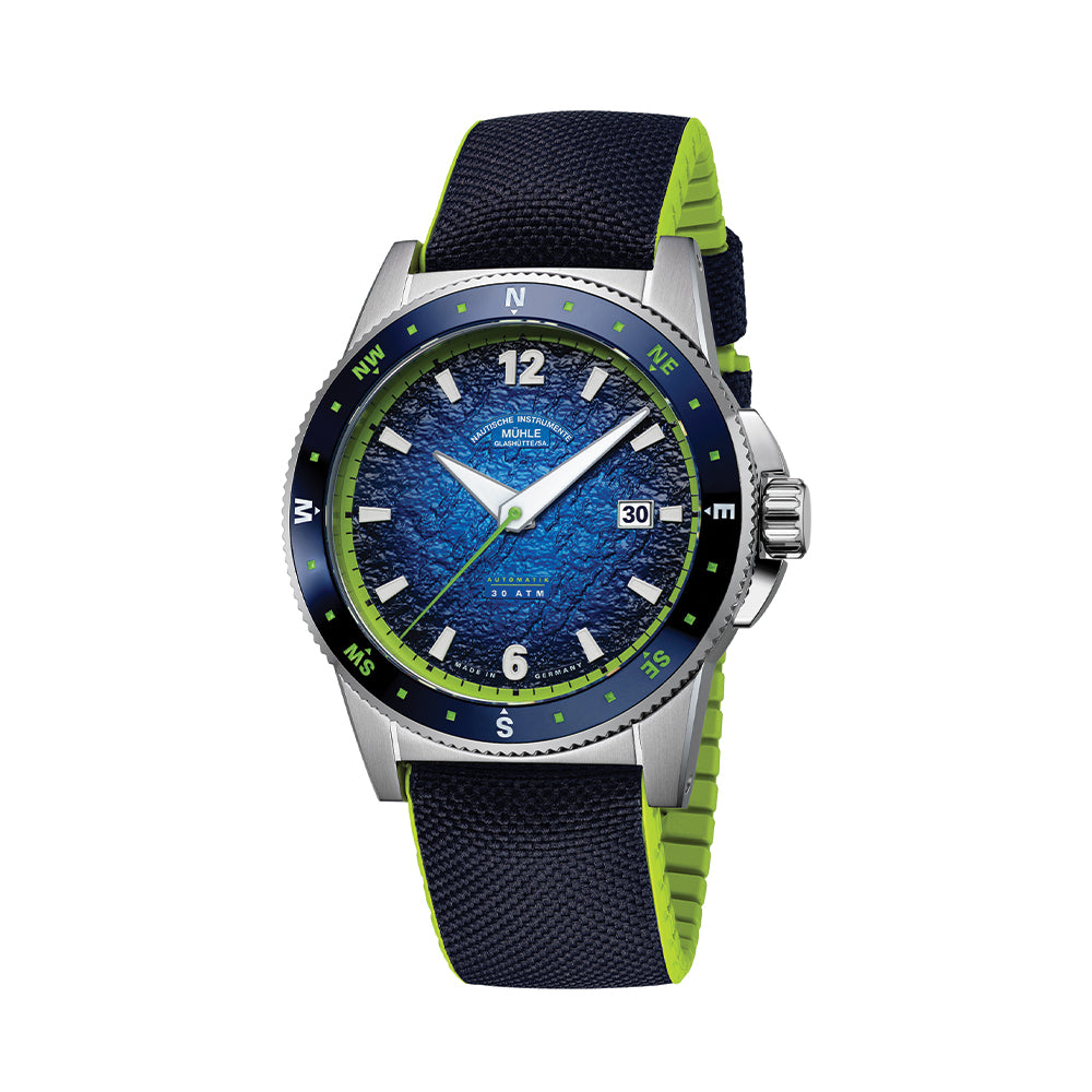 Sportivo Compass Date 42.5mm Blue Dial Men's Watch with Canvas Rubber Strap - Perfect for Outdoor Adventures, Hiking & Casual Wear