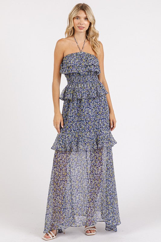 Mittoshop Women's Ruffled Smocked Floral Halter Neck Maxi Dress - Summer Beach Wedding Party Dress for Vacation & Boho Outfits