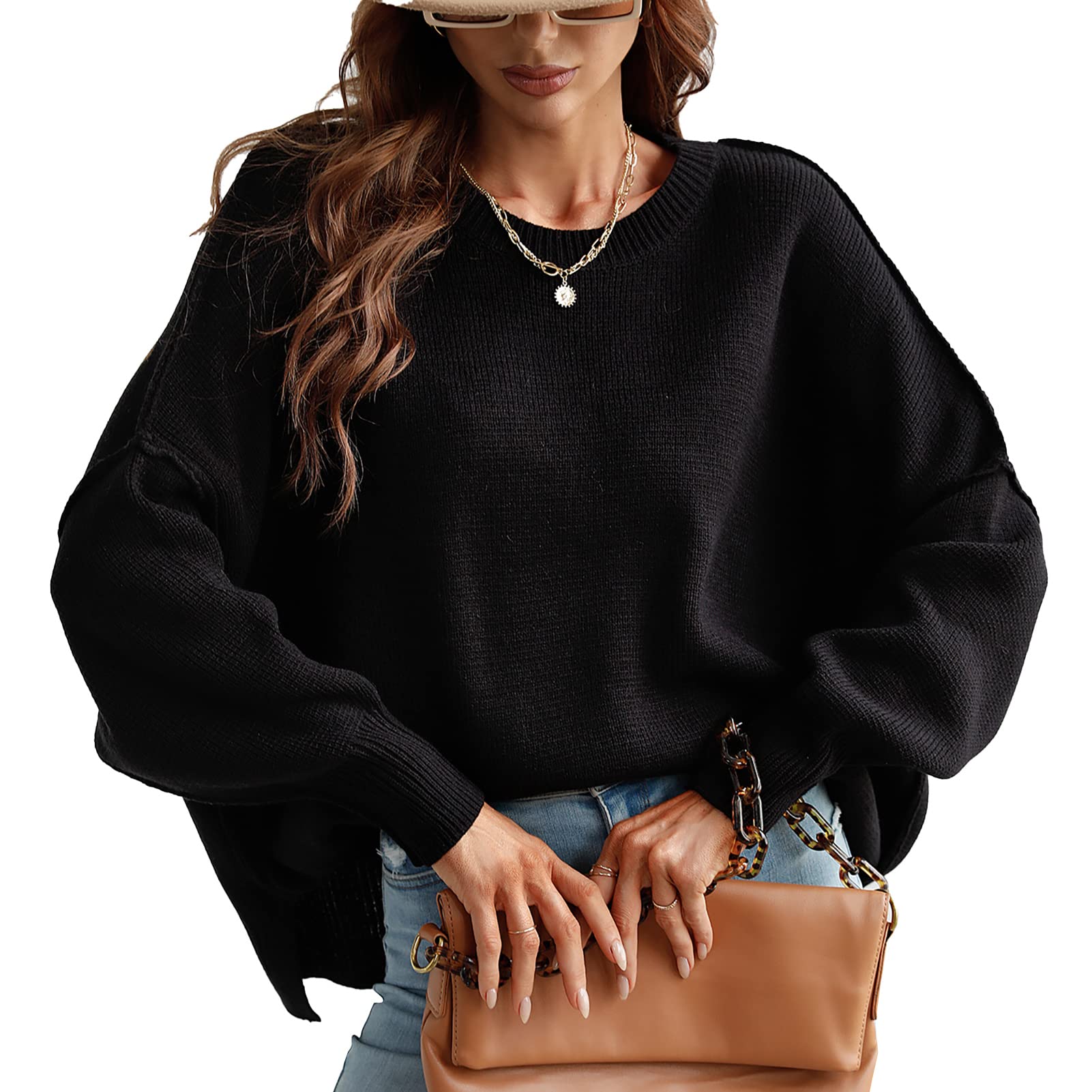 Women's Knitted Jumper Sweater - Pure Color Crewneck Long Sleeve Split Hem Top for Casual Wear, Office & Fall Fashion