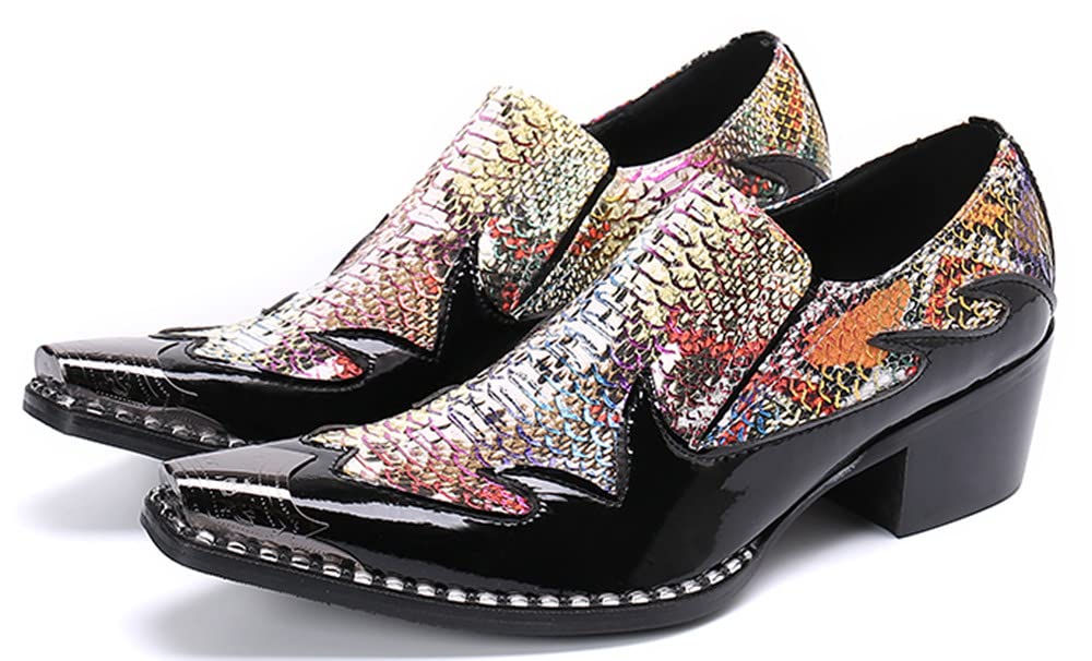 Santimon Men's High Cuban Heel Dress Loafers - Fashion Leather Snake Print Ballroom Shoes with Metal Cap for Formal Party, Nightclub & Dancing | Comfortable & Stylish Men's Dress Shoes for Weddings, Prom & Special Occasions