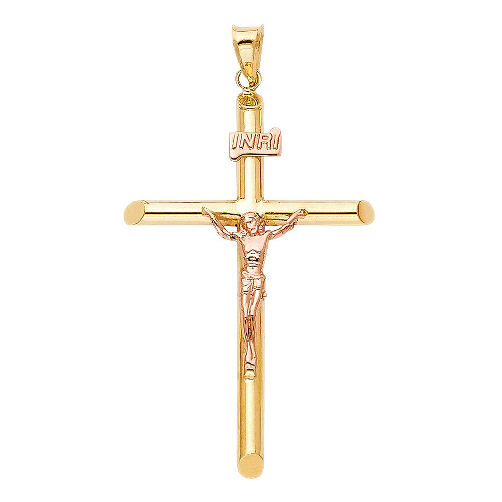 14K Two-Tone Gold Small Religious Tubular Cross Crucifix Pendant with Rose Gold Jesus & INRI Charm - High Polish Finish (38mm x 24mm) - Perfect for Baptism Gifts, First Communion Jewelry & Christian Faith Accessories