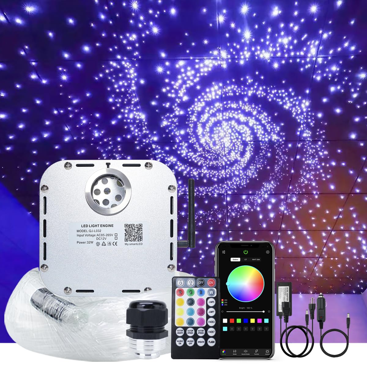 AKEPO 32W APP Twinkle Fiber Optic Lights Kit - Music Activated RGBW Star Ceiling Sky Light with 1000pcs 16.4ft/5m 0.03in/0.75mm Optical Fiber Cable, 28-Key Remote & Crystals - Perfect for Car, Media Room, Bedroom & Home Theater Decor (Ideal for Parties, Relaxation & Mood Lighting)