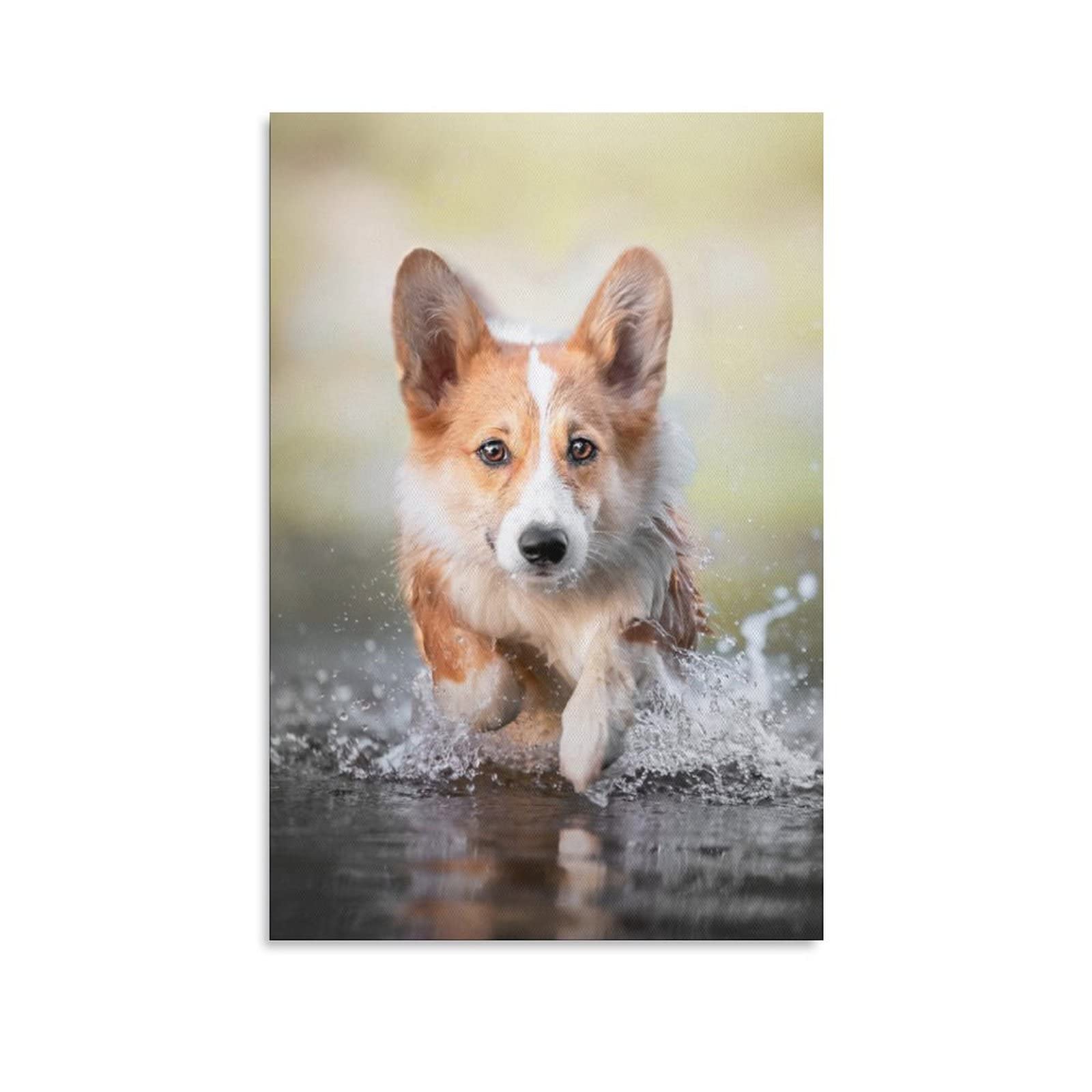 Corgi Puppy Play Water Canvas Poster - 16x24 Inches (40x60cm) Wall Art Decor for Living Room, Bedroom & Office - Perfect Gift for Dog Lovers & Home Decoration