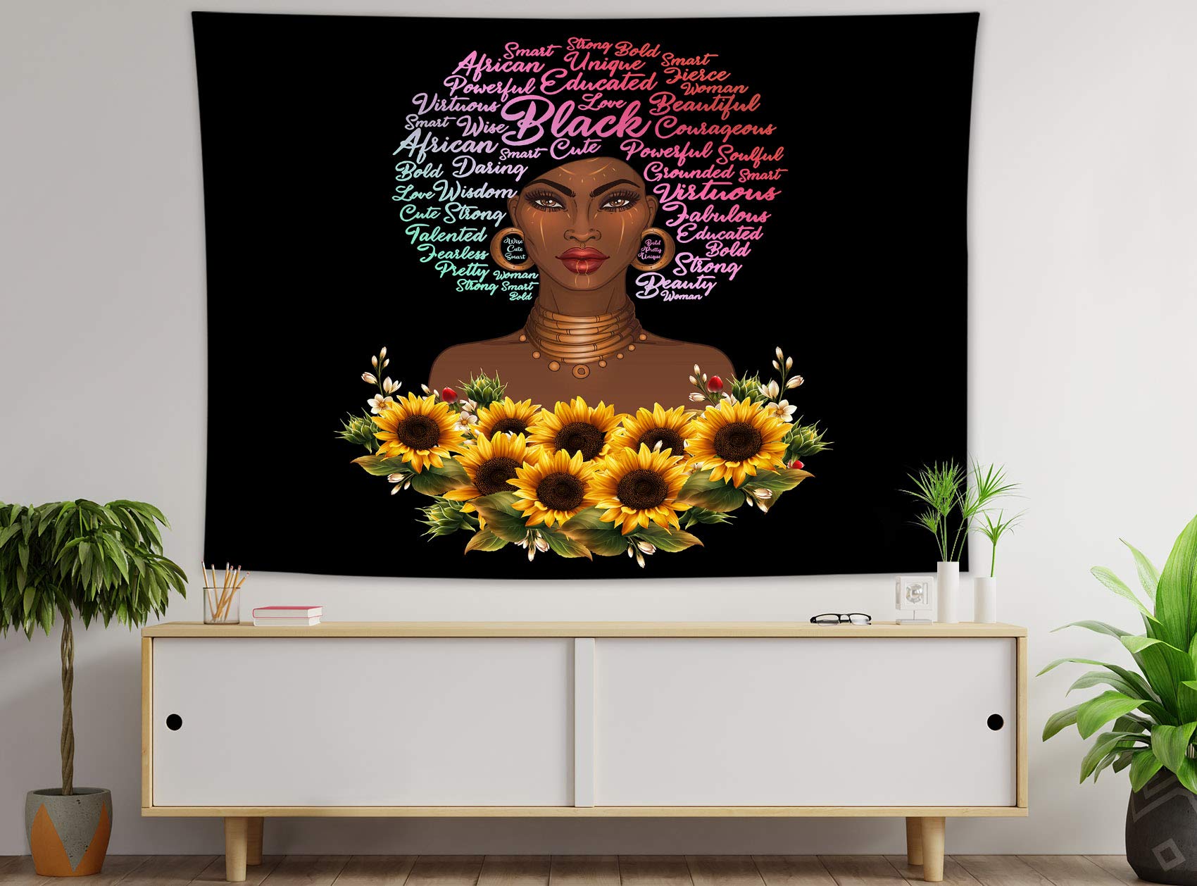 HVEST African American Women Tapestry Sunflower Afro Black Girl Inspirational Wall Art for Living Room, Bedroom, Teen Dorm, Indie Decor, 59x51 Inches, Perfect for Home, Office, and Event Spaces
