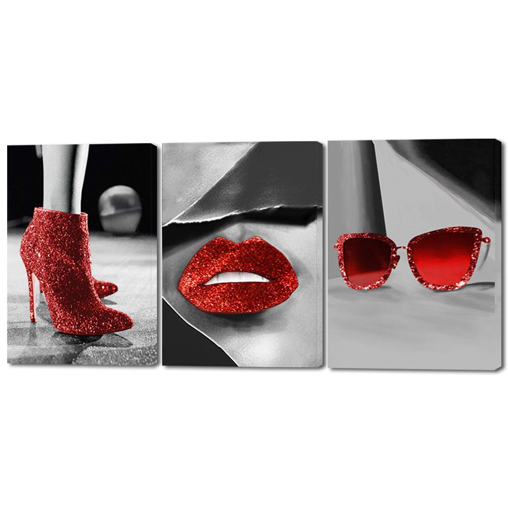 Modern Red High Heels & Lips Canvas Wall Art - 3 Piece Black & Red Painting for Girls Makeup Room, Living Room Decor - 36x16 Inch Ready to Hang - Perfect for Bedroom, Salon, or Beauty Studio Decor