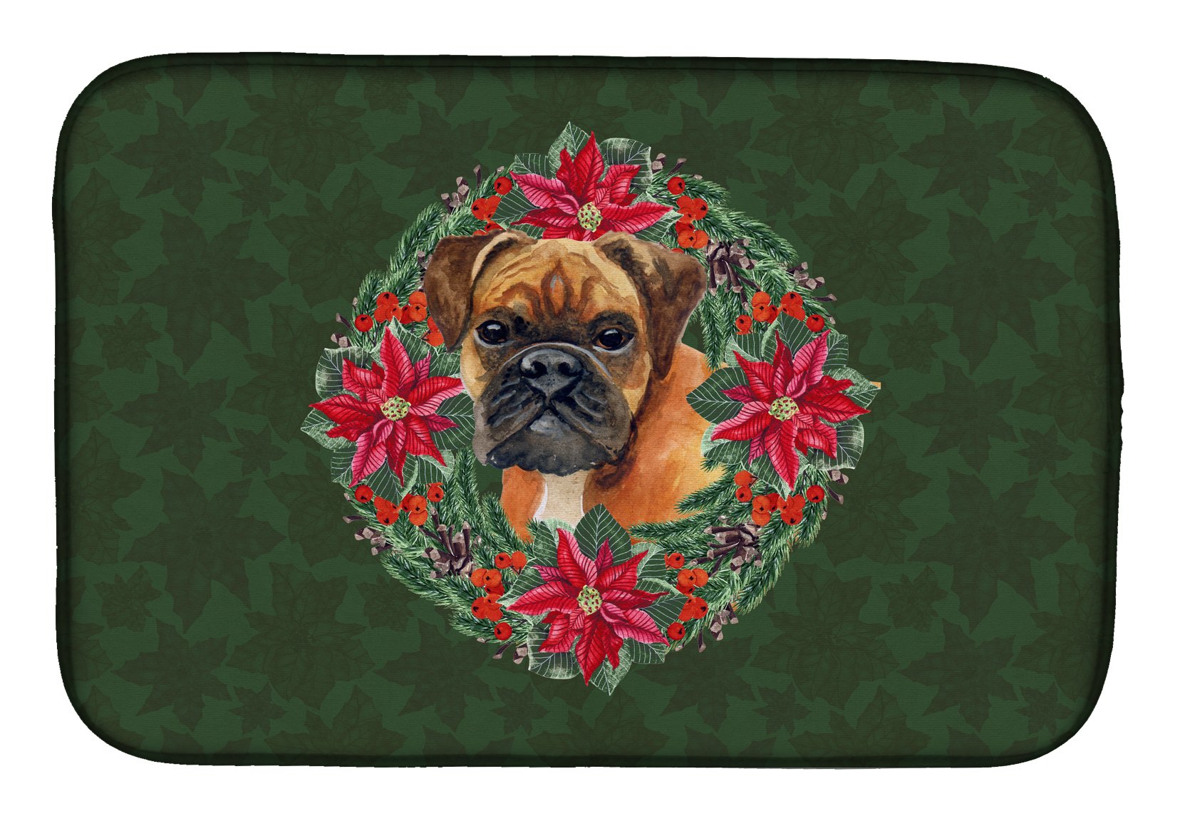 German Boxer Poinsettia Wreath Dish Drying Mat - Absorbent Kitchen Counter Mat (14x21