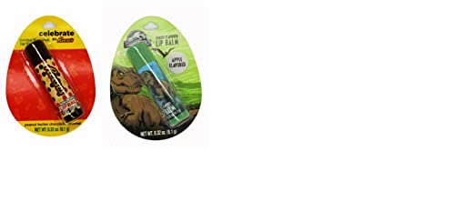 2 Pack Reese's Chocolate Peanut Butter & Jurassic Park Jumbo Apple Flavored Lip Balm - Moisturizing Lip Care for Dry Lips, Perfect for Winter, Hiking, and Outdoor Activities