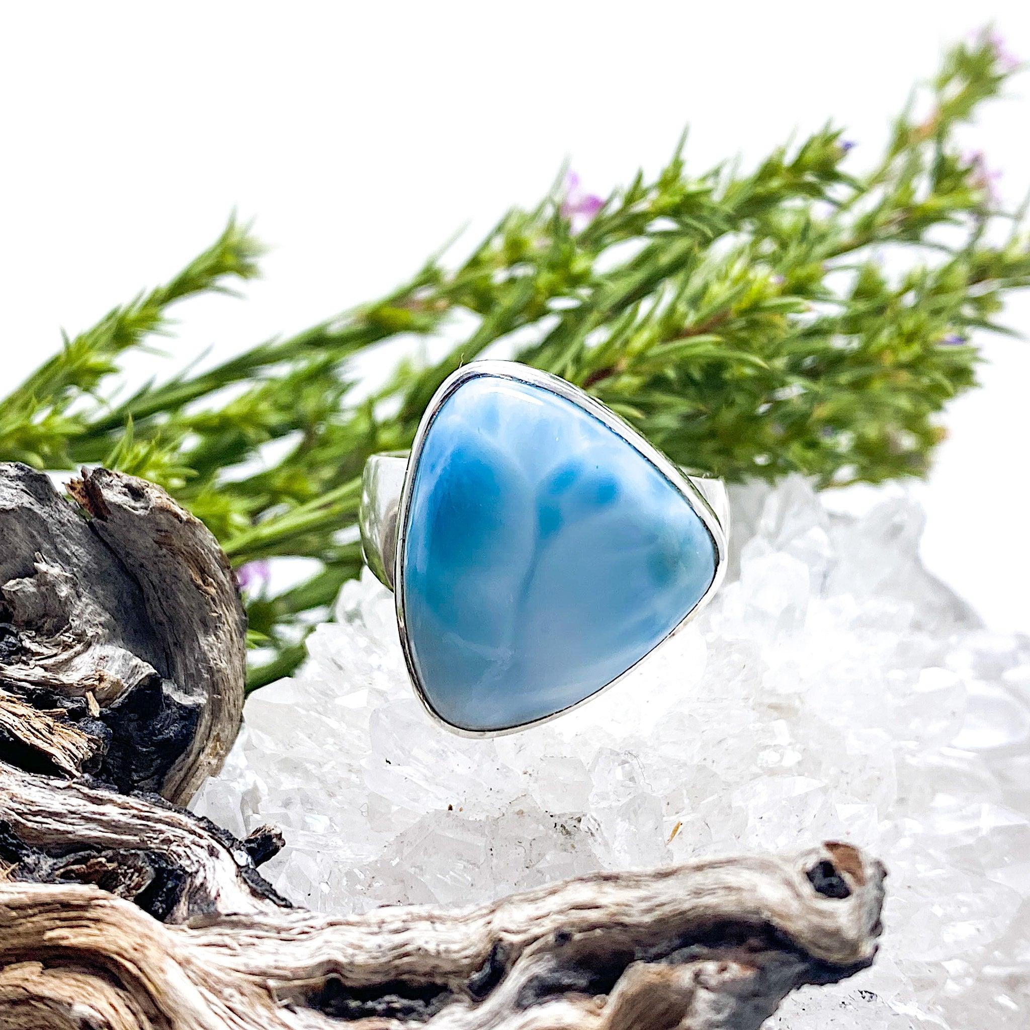 Larimar Sterling Silver Cabochon Ring Size 9 - Handmade Gemstone Jewelry for Women, Perfect for Gifts, Weddings & Everyday Wear KRGJ1396