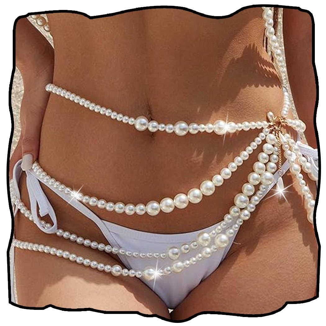 CanB Pearl Waist Chain - Layered Belly Body Jewelry for Women | Bikini Belly Chain for Beach, Rave & Party | Elegant Body Accessories for Women & Girls | Perfect for Summer Vacations, Pool Parties & Festivals