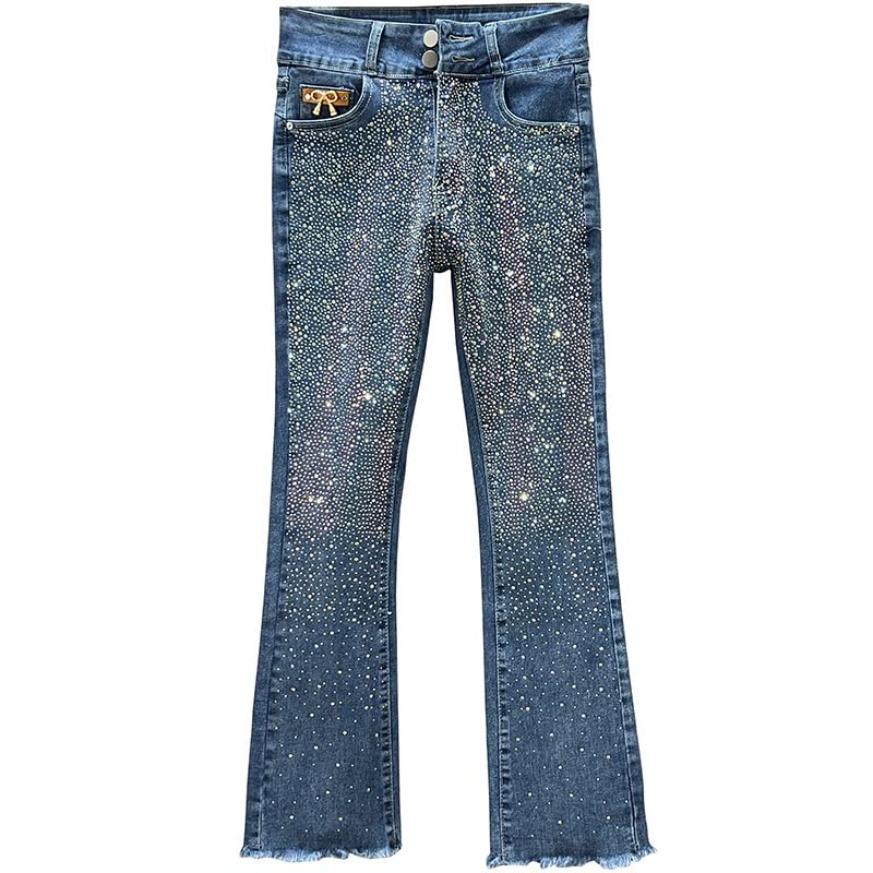 Women's High Waist Diamond Bell Bottom Jeans - Dark Blue Denim Pants for Spring Summer | Harajuku Fashion | Perfect for Casual Wear, Night Out & Street Style