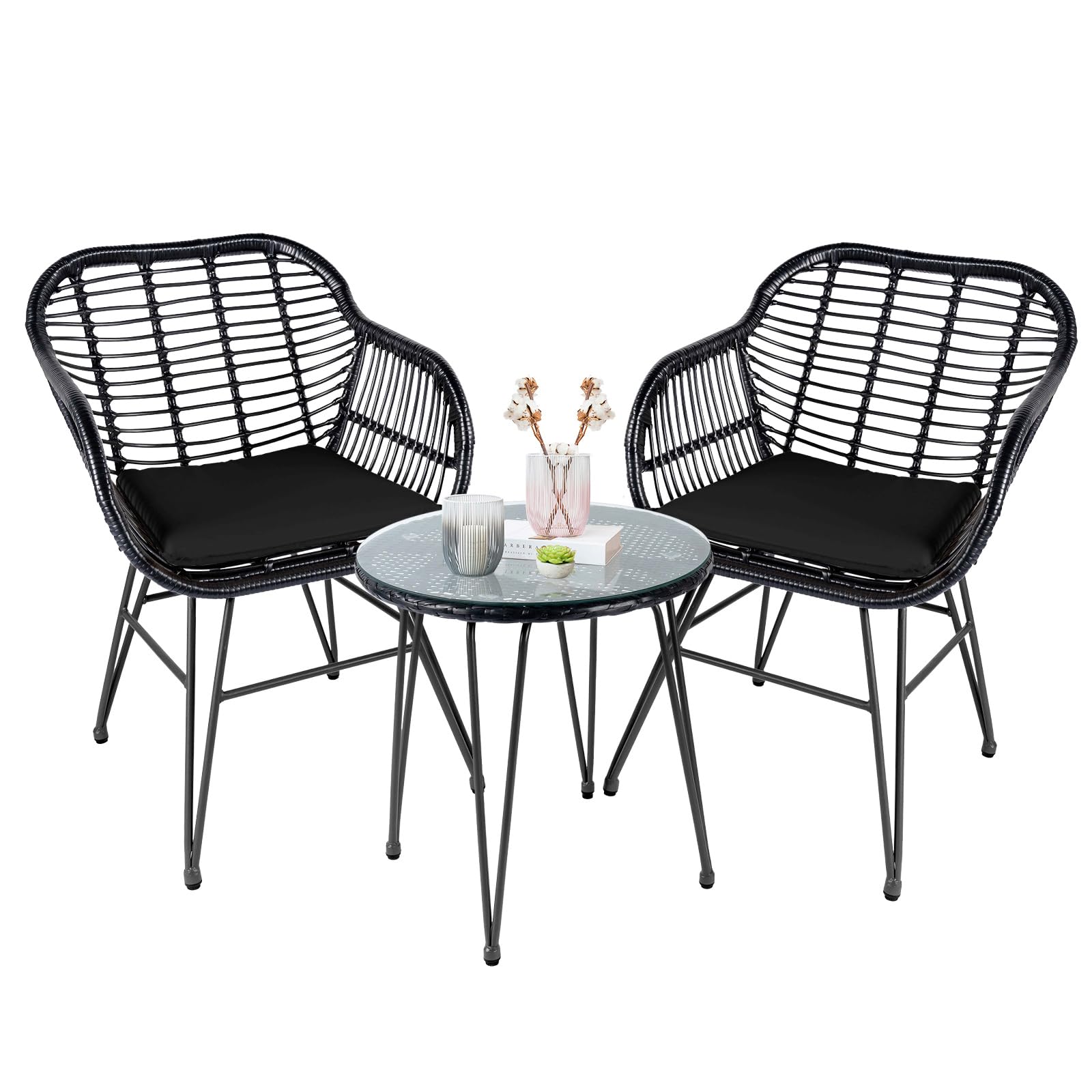 Leasbar 3-Piece Black Outdoor Wicker Bistro Set - Patio Chairs & Table with Cushions - Rattan Conversation Set for Poolside, Garden, Backyard, Balcony - Perfect for Relaxing, Entertaining & Outdoor Dining