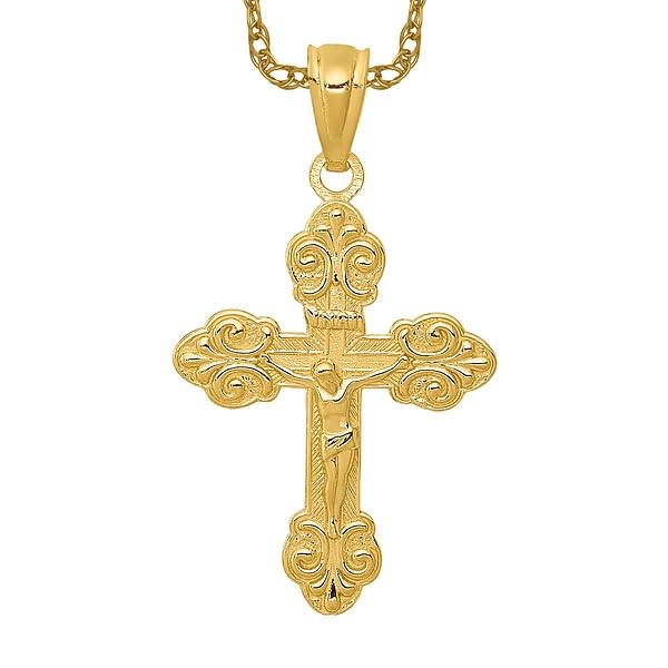 14K Solid Yellow Gold Jesus Christ Crucifix Cross Necklace - Religious Pendant Charm for Women & Men - Perfect for Church, Baptism, First Communion & Gifts