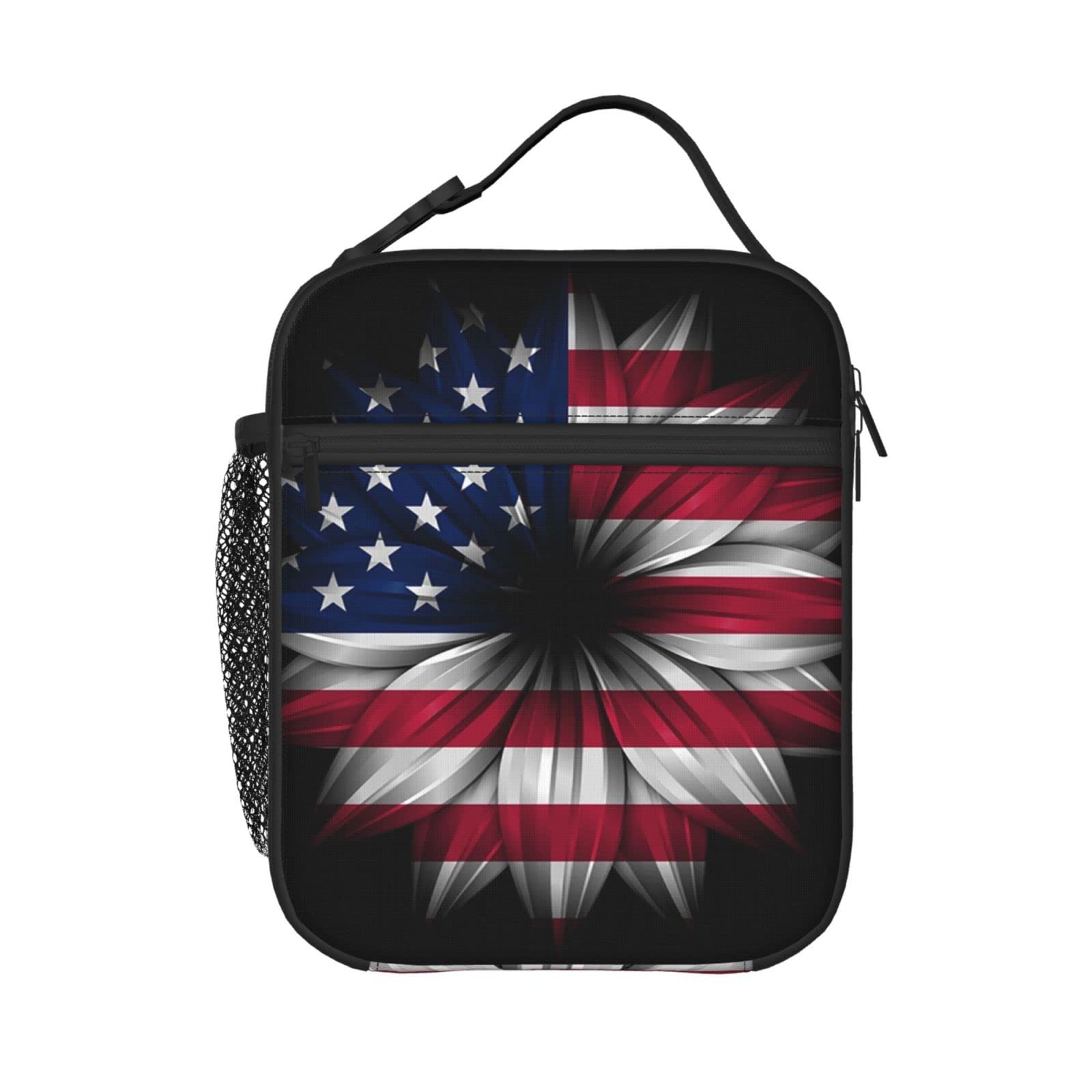 KiuLoam Insulated Lunch Box with Shoulder Strap - Reusable American Flag Floral Design Lunch Bag for Women, Men, Girls & Boys - Perfect for Work, School, Picnics & Outdoor Activities