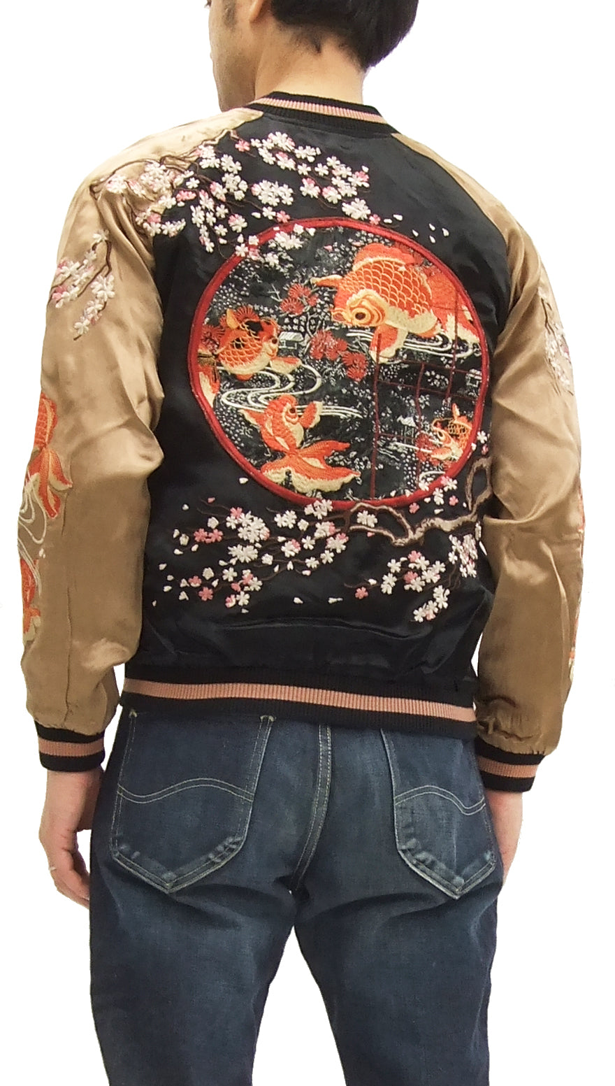 Hanatabi Gakudan Men's Japanese Souvenir Jacket - Vintage Goldfish Sukajan Bomber with Script Design SSJ 501 | Perfect for Streetwear, Cosplay & Japanese Fashion Enthusiasts