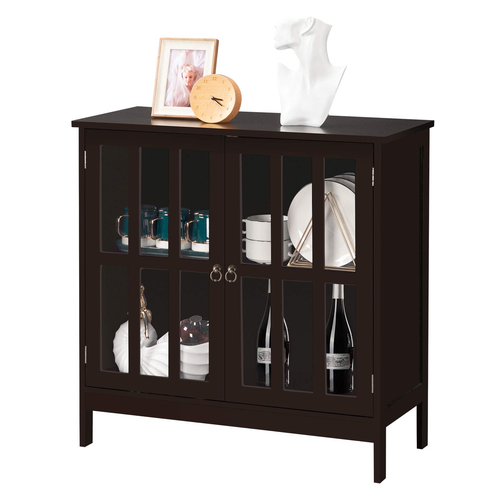 Wooden Kitchen Storage Sideboard with Transparent Double Doors - Buffet Cabinet, Console Table & Liquor Storage for Dining Room, Hallway & Entryway - Brown Finish | Perfect for Home Organization & Entertaining
