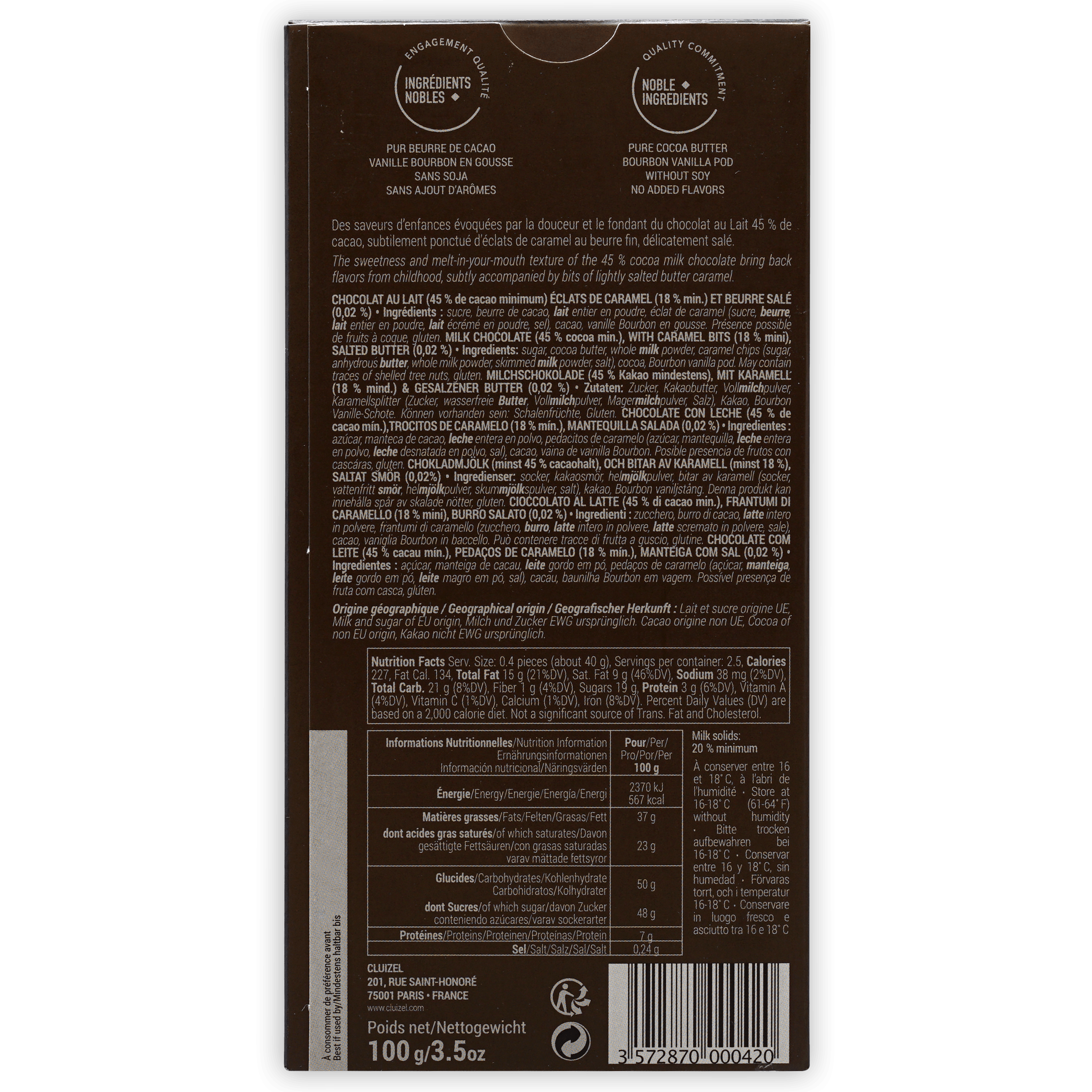 Michel Cluizel 45% Salted Butter Caramel Chocolate Bar - Gourmet French Chocolate for Baking, Gifts & Dessert Pairing