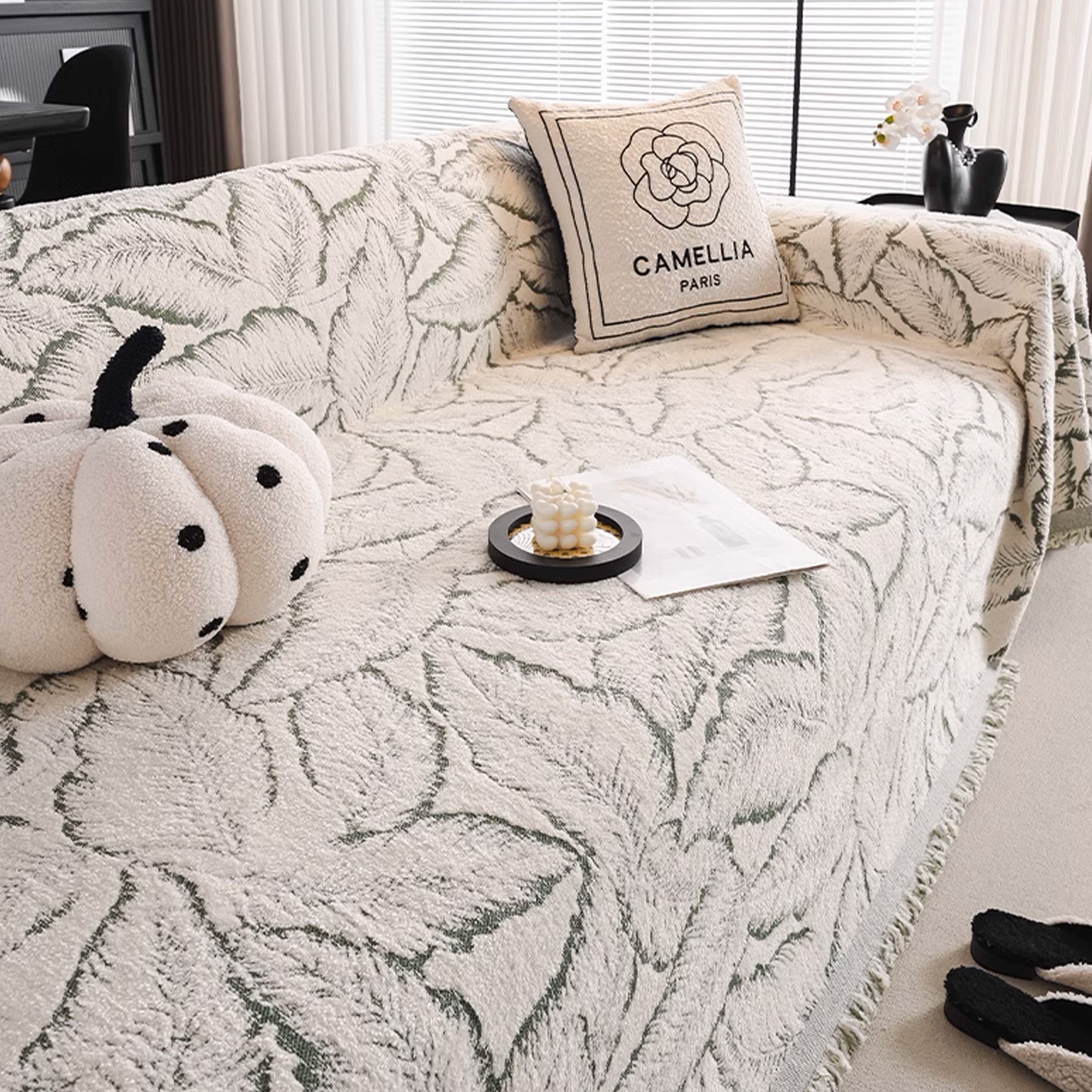 Leaf Pattern Chenille Sofa Cover - Soft Stretch Couch Slipcover for Living Room, Protects Furniture from Pets & Spills - Perfect for Home Decor & Daily Use