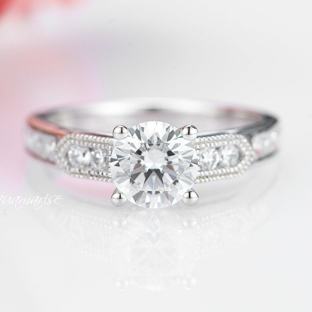 14K White Gold Round Cut Moissanite Engagement Ring for Women - Perfect for Proposals, Weddings & Anniversary Gifts