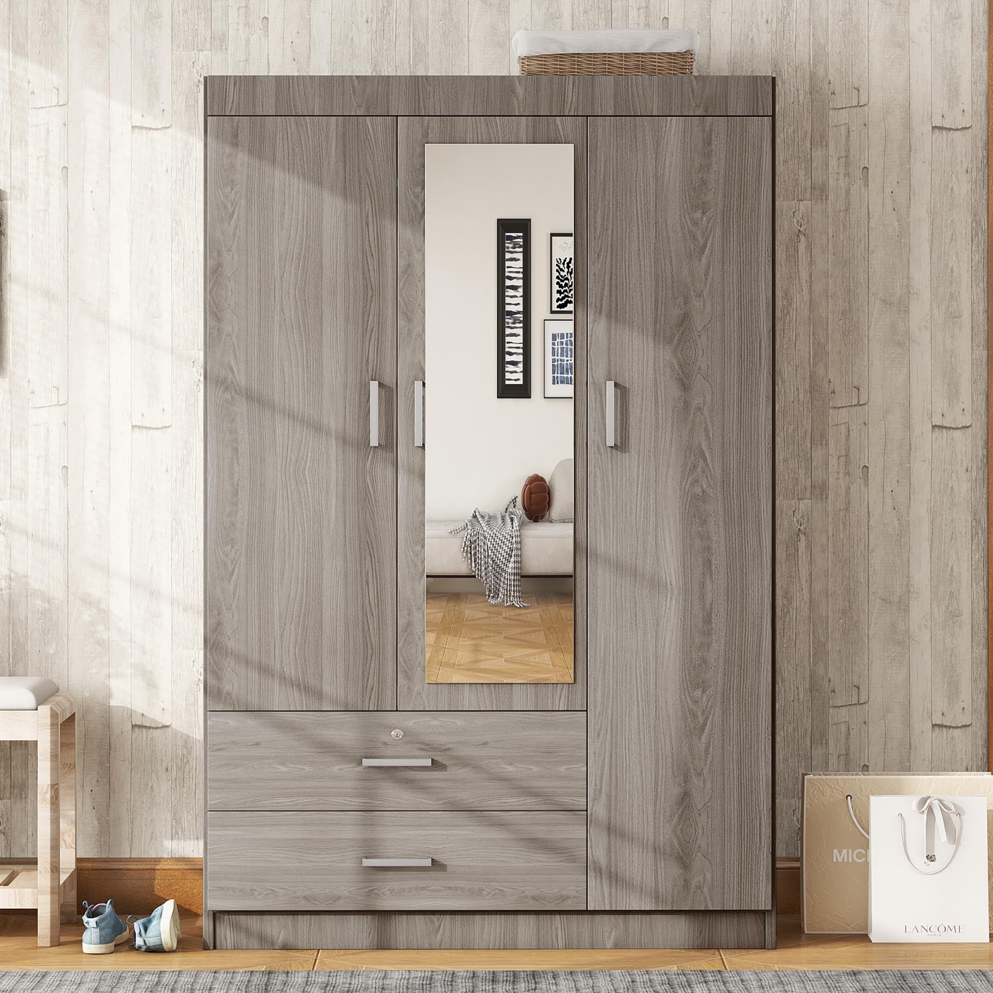 Solid Wood Armoire Wardrobe with Full-Length Mirror - 3-Door Closet Organizer with 2 Storage Drawers - Modern Bedroom Furniture for Teens & Adults (Grey) - Perfect for Small Spaces, Dorm Rooms & Master Bedrooms