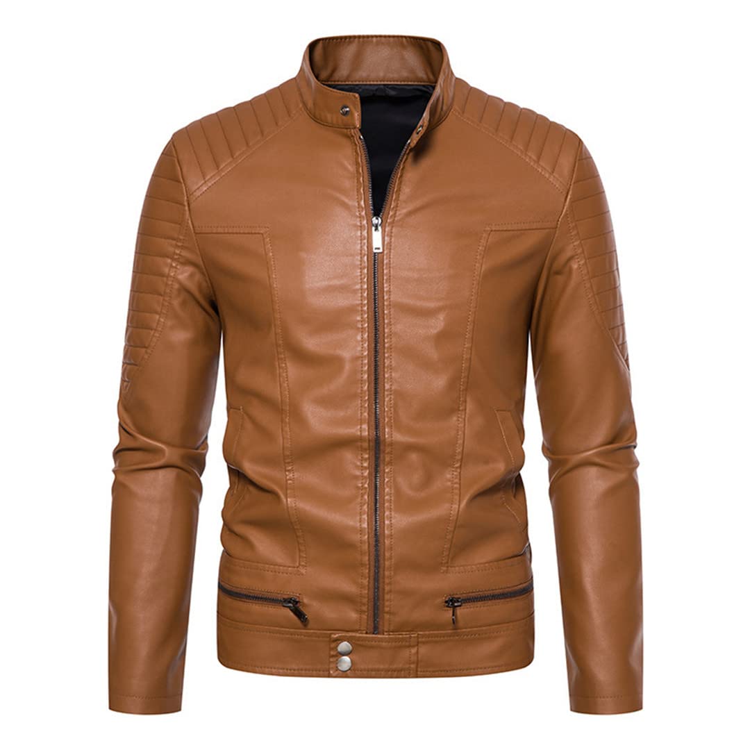 Men's Solid Color Casual PU Leather Jacket - Stand Collar Motorbike Style Faux Leather Coat for Riding, Outdoor & Everyday Wear