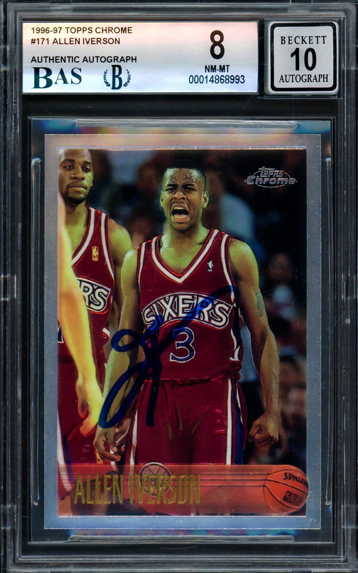 Allen Iverson Autographed 1996-97 Topps Chrome Rookie Card #171 - Philadelphia 76ers BGS 8 Auto Grade Gem Mint 10 Beckett BAS #14868993 - Perfect for NBA Collectors, Sports Memorabilia Enthusiasts & Investment Collectibles