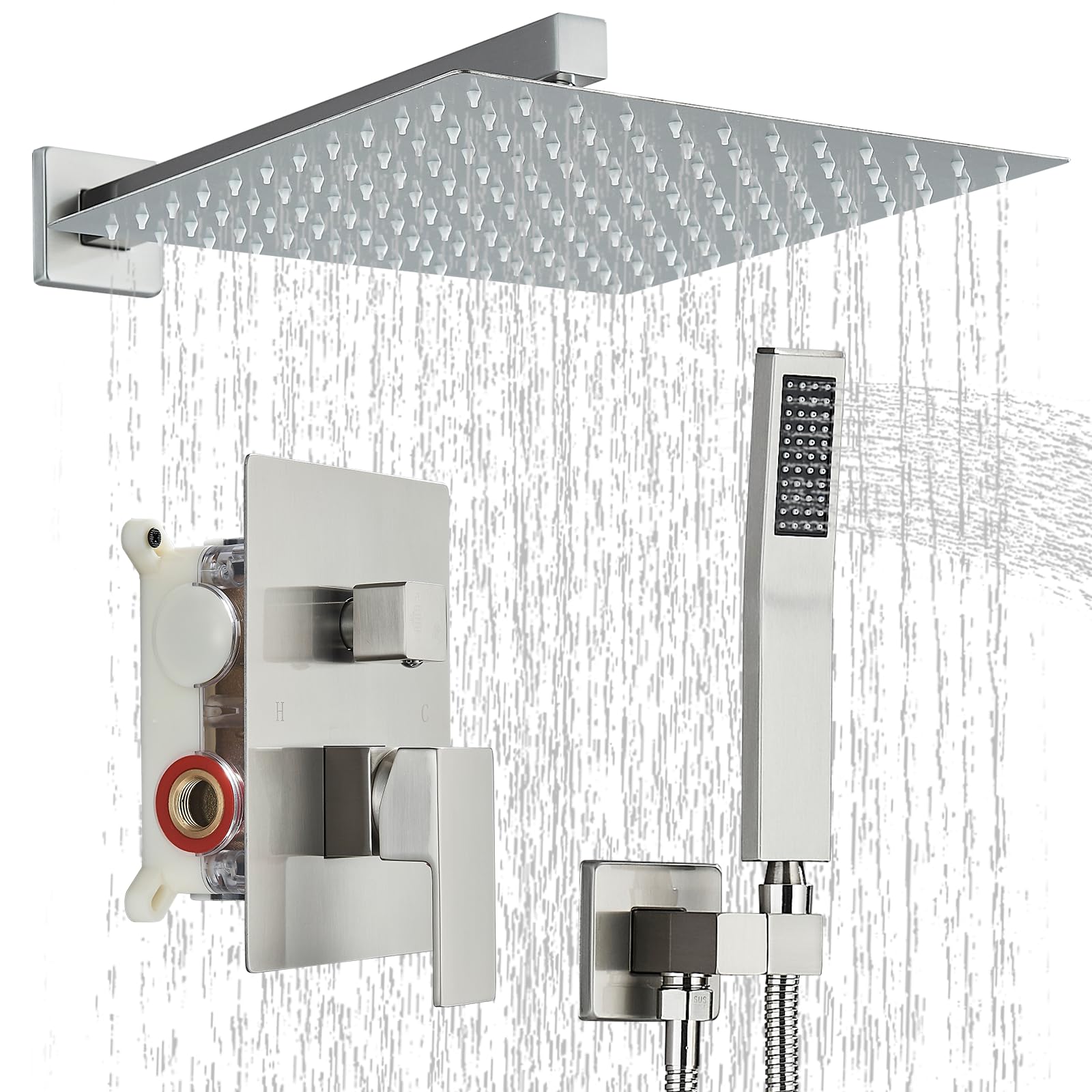 Brushed Nickel Shower Faucet Set - 12 Inch Rain Shower Head & Handheld Sprayer with Brass Valve - Wall Mounted Bathroom Fixture for Luxurious Spa Experience
